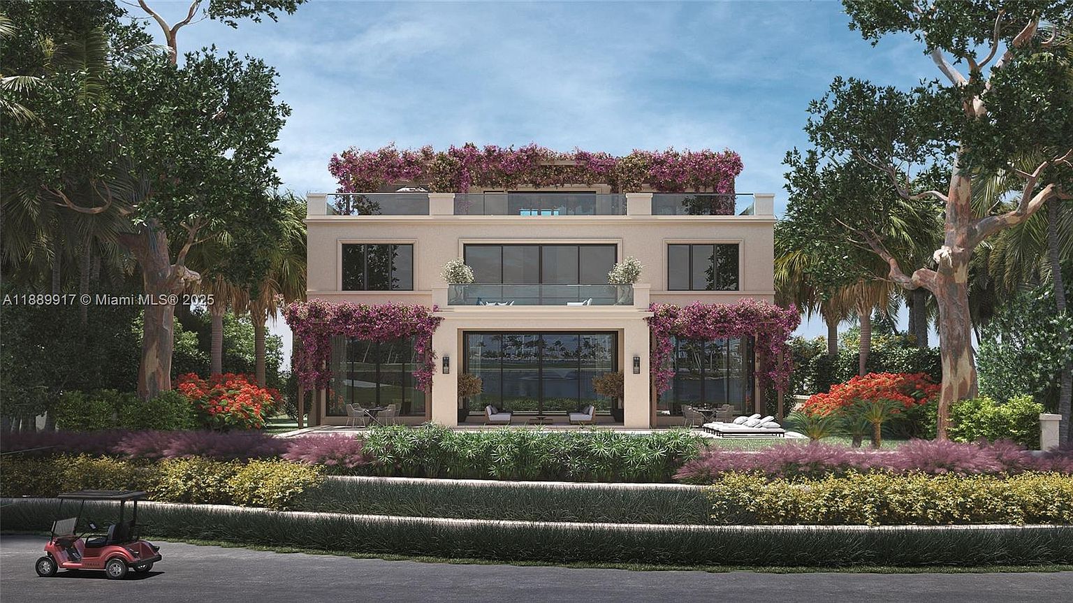 This is a front view of a modern, multi-story home with a symmetrical facade. The building is adorned with vibrant purple flowers cascading from balconies and the rooftop, adding a touch of elegance and color. Lush landscaping surrounds the property, enhancing its curb appeal and creating a serene atmosphere.