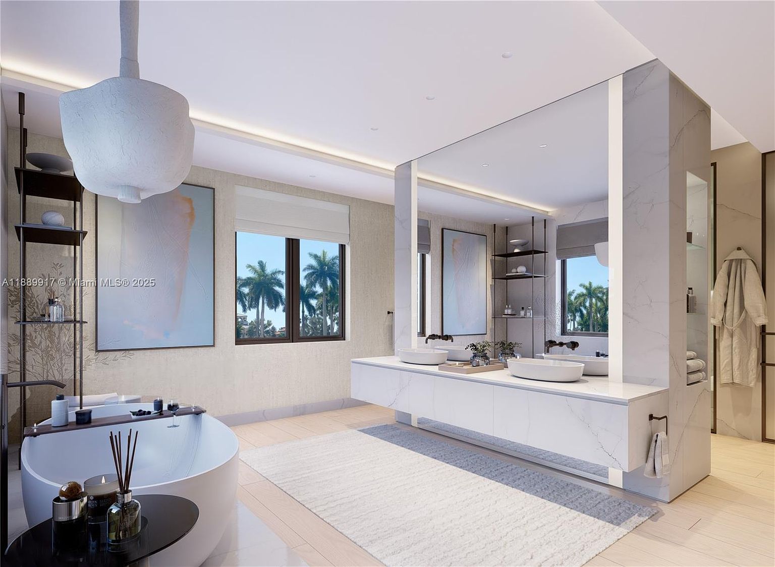 This is a luxurious primary bathroom featuring a freestanding oval bathtub, a double vanity with vessel sinks, and a large mirror. The space is illuminated by natural light from the windows and accented by modern lighting fixtures. The color palette is neutral, creating a serene and spa-like atmosphere.