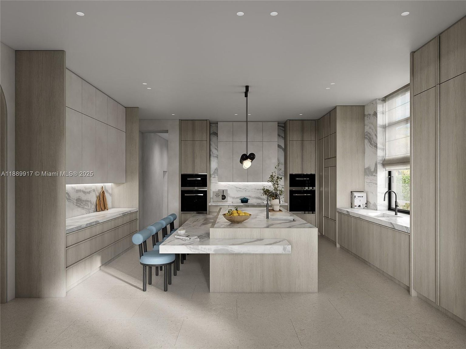 This is a modern kitchen with light wood cabinetry and marble countertops. A large island with seating is the focal point, complemented by sleek pendant lighting. Built-in appliances and a clean design contribute to a sophisticated and functional space.