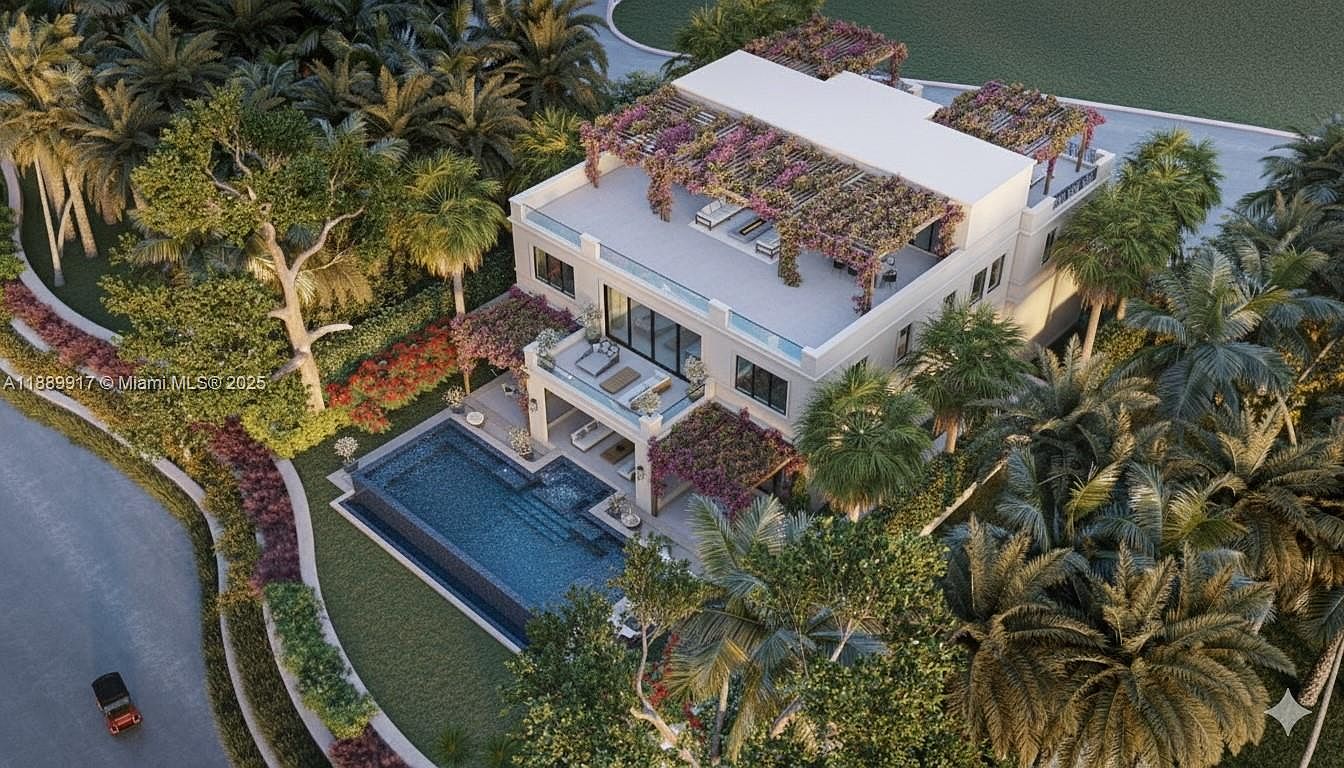 This aerial view showcases a luxurious two-story home with a rooftop terrace adorned with pergolas and flowering vines. A rectangular swimming pool complements the manicured lawn and lush landscaping, creating a serene and private oasis. The property is surrounded by mature trees and a winding driveway, enhancing its curb appeal and exclusivity.