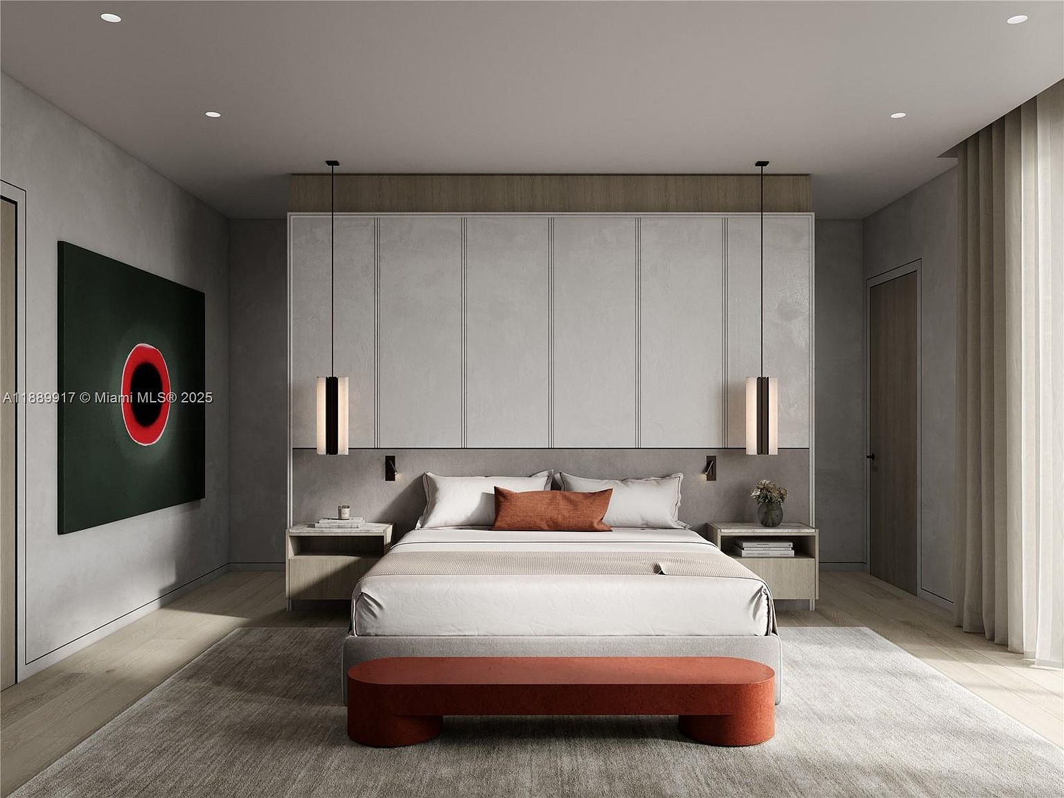 This is a primary bedroom featuring a large bed with neutral bedding and an orange accent pillow. The room has a modern design with a gray and white color scheme, complemented by a large piece of art on the wall. Pendant lights hang on either side of the bed, and a bench sits at the foot of the bed.