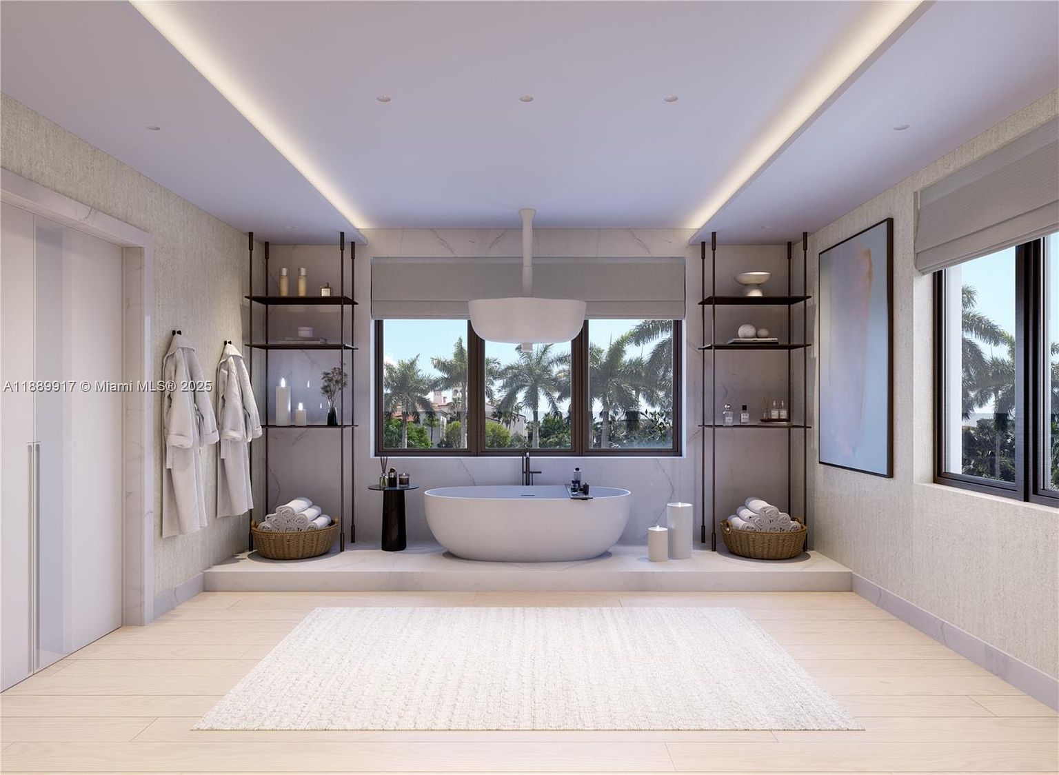 This is a luxurious primary bathroom featuring a freestanding oval bathtub centered beneath a window, flanked by shelving units displaying decorative items and rolled towels. The room is illuminated by recessed lighting and a modern pendant fixture, with a light-colored rug adding warmth to the light wood flooring. The overall aesthetic is clean, modern, and spa-like.