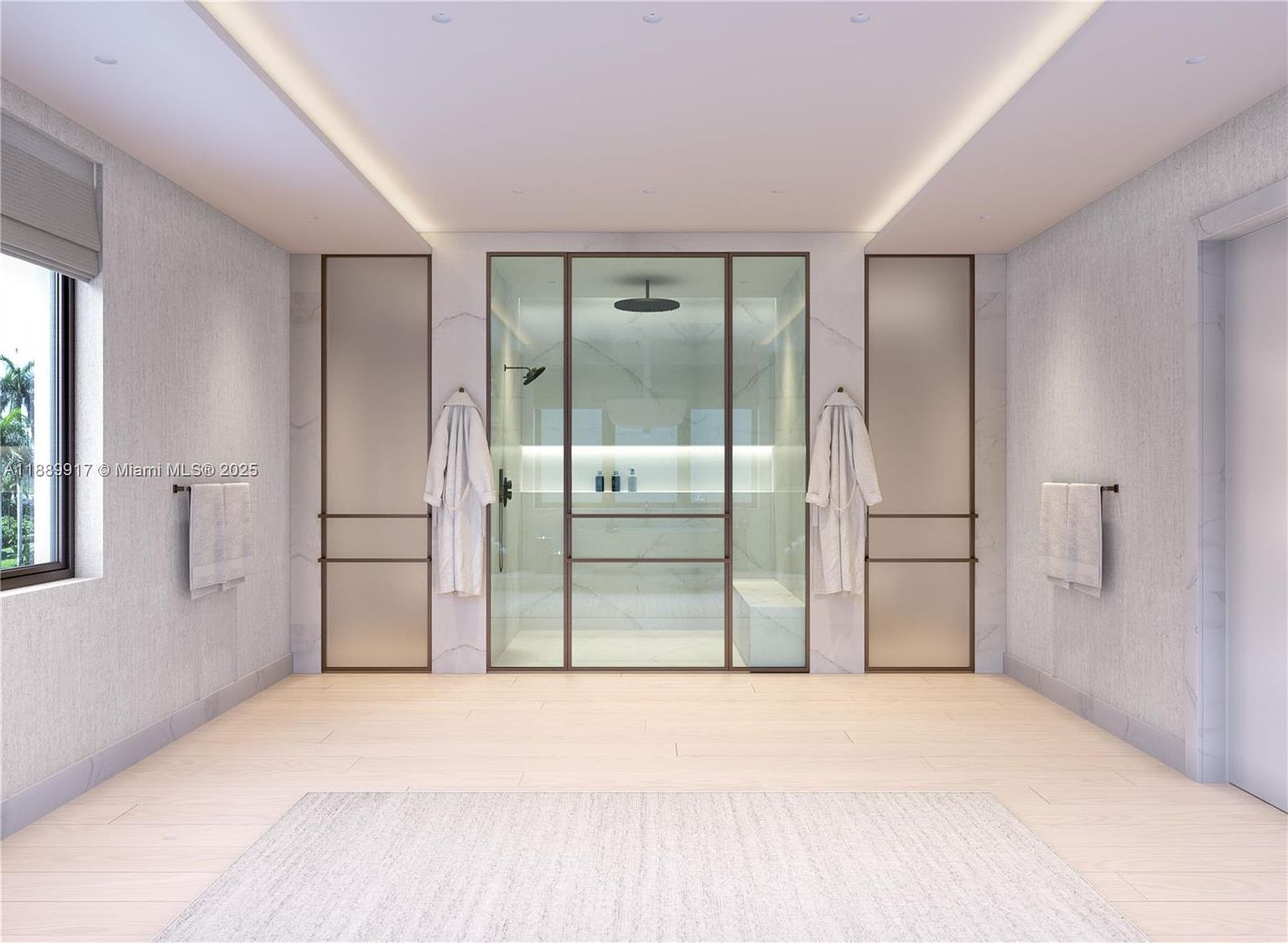 This is a luxurious primary bathroom featuring a glass-enclosed shower with a rainfall showerhead and built-in bench. The walls are adorned with marble-like panels, and the floor is light wood. Two white robes hang on either side of the shower, adding a touch of elegance and comfort to the space.
