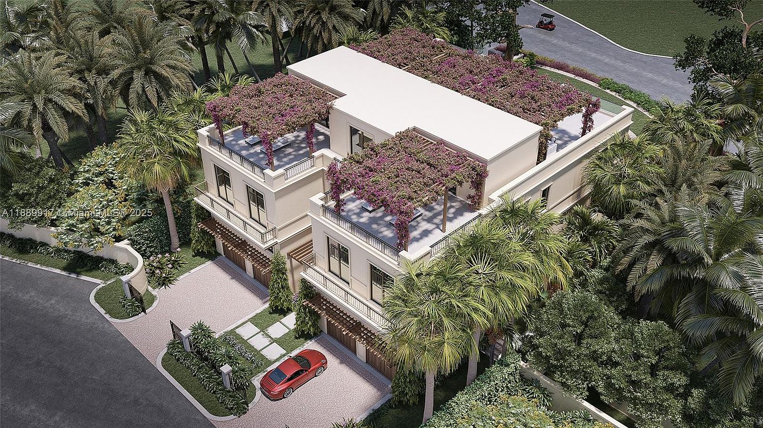 This aerial view showcases a luxurious multi-story home with a modern design, featuring flat roofs adorned with vibrant purple flowering vines. The property includes multiple balconies, a well-manicured lawn, and a driveway leading to garage doors, with a red car parked in front. Lush tropical landscaping surrounds the home, creating a private and serene atmosphere.