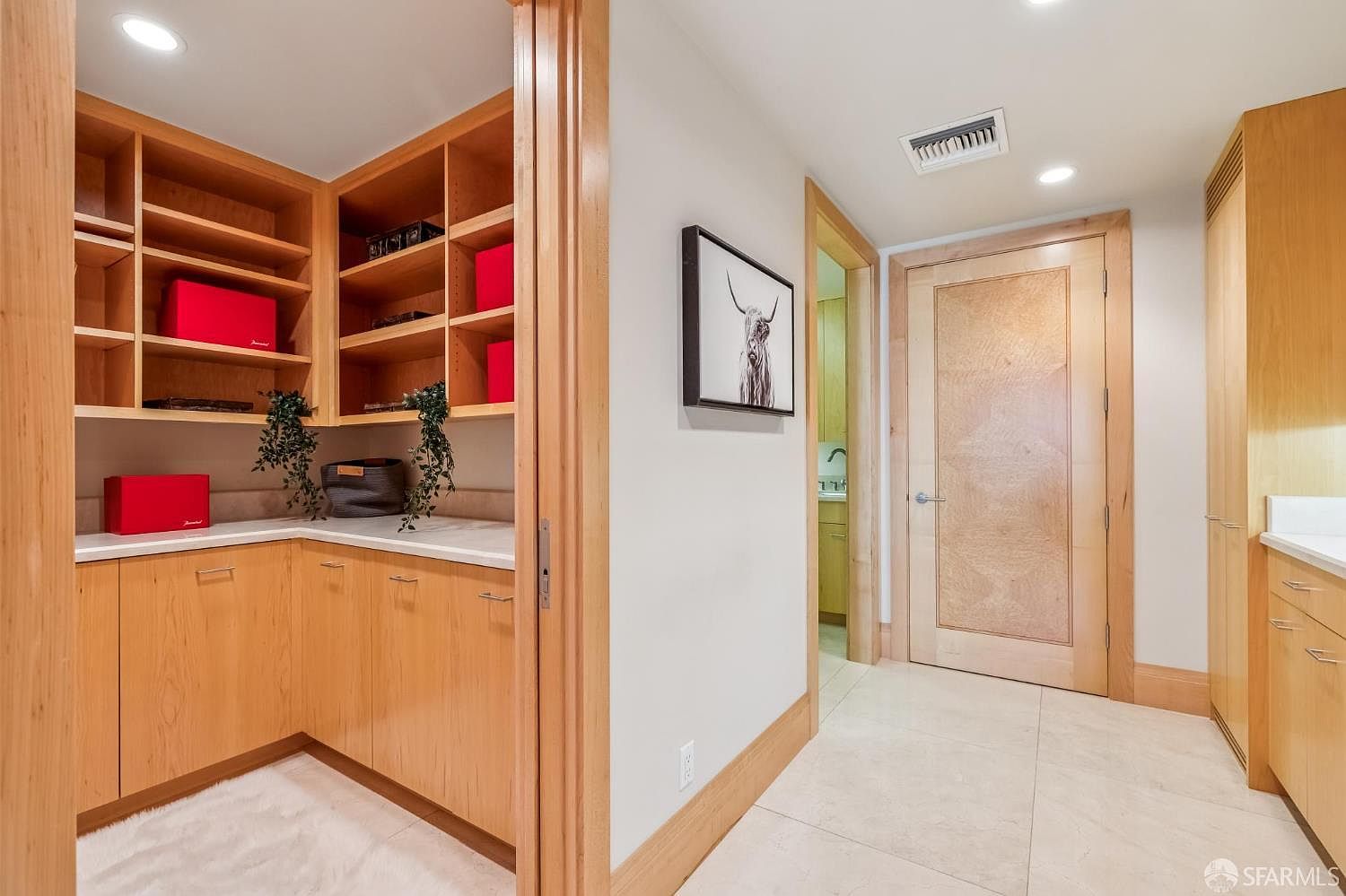 This interior view showcases a well-organized walk-in closet featuring custom light wood cabinetry with open shelving and lower storage drawers. The space includes a white countertop surface, decorative greenery, and a framed piece of art on the wall leading toward a hallway with a wooden door. The neutral color palette and clean lines create a sophisticated and functional storage area.