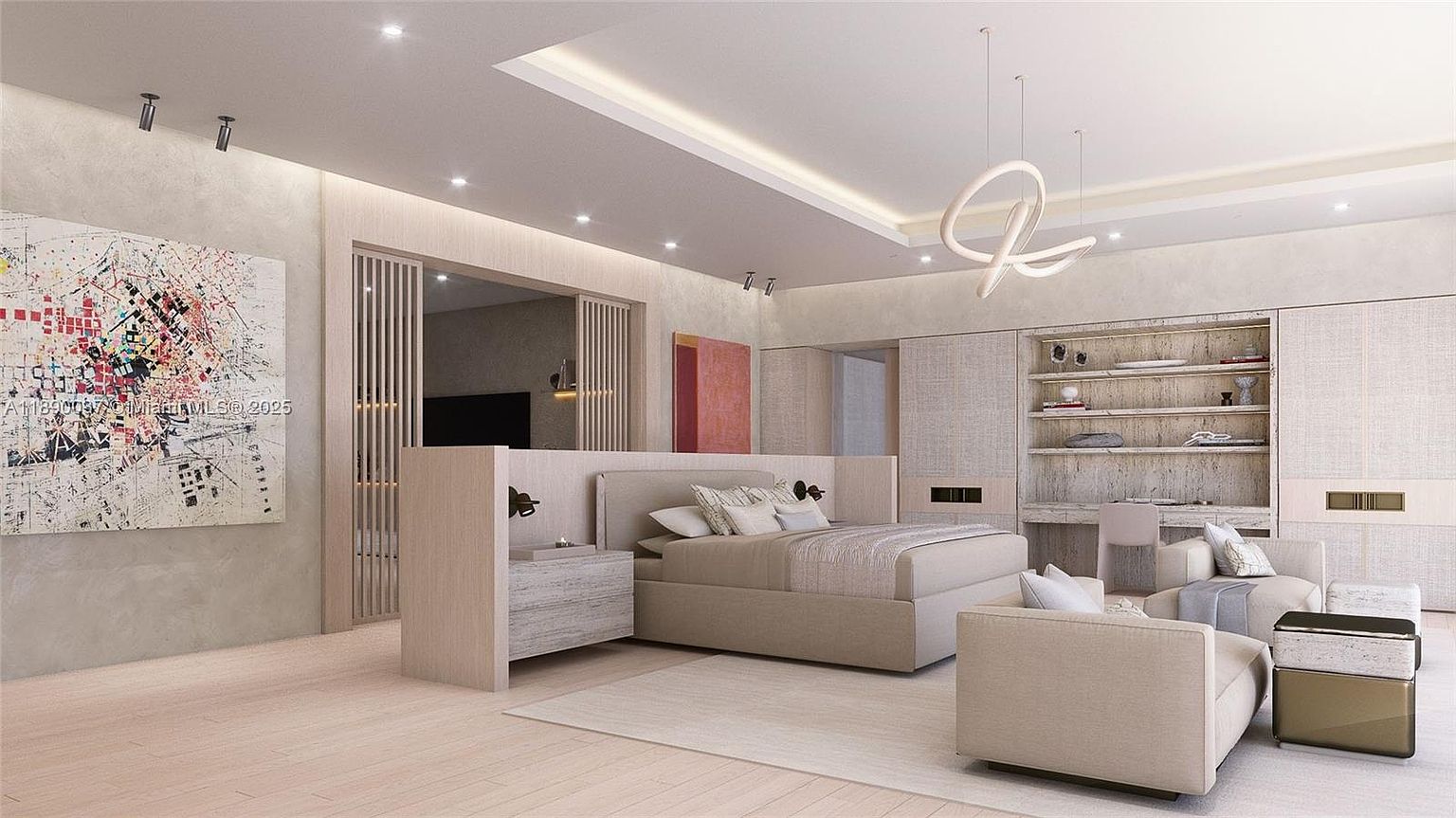 This is a primary bedroom featuring a neutral color palette with a large abstract painting on the wall. The room includes a king-size bed, built-in shelving with a desk area, and a seating area with two armchairs. The overall style is modern and minimalist, creating a serene and luxurious atmosphere.