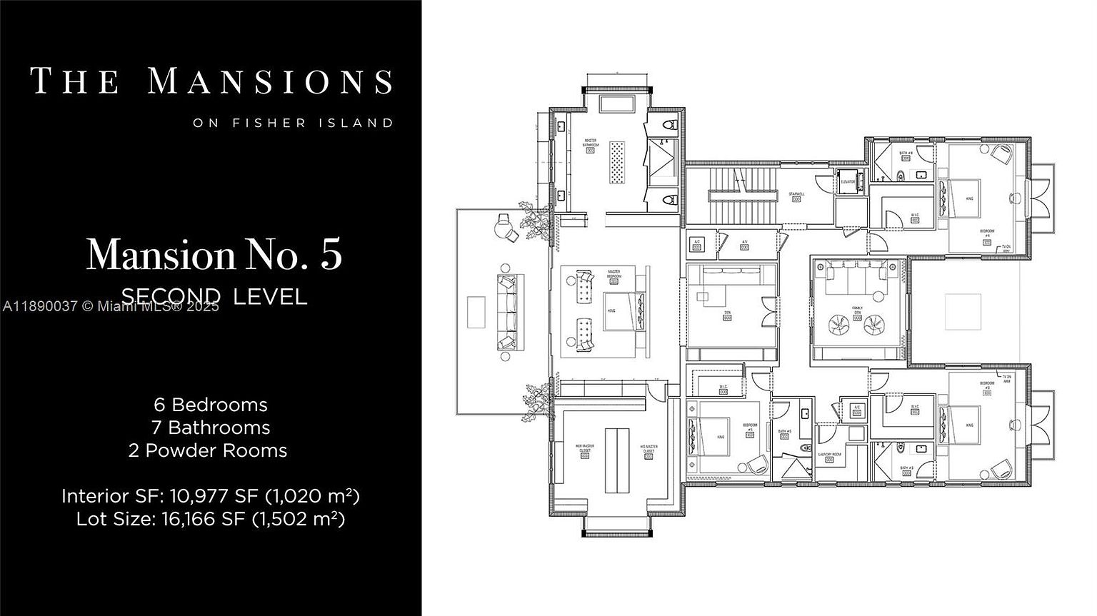 The image presents a detailed floor plan of a luxurious mansion, specifically the second level. It showcases the layout of multiple bedrooms, bathrooms, living areas, and other rooms, providing a comprehensive view of the property's spatial arrangement. The floor plan is designed to give potential buyers a clear understanding of the home's structure and room sizes.