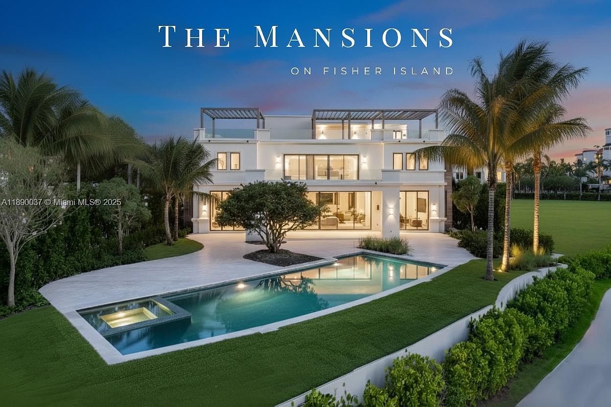 This image showcases a luxurious modern mansion with a stunning pool and spa area. The pool features a unique design with a separate spa section, surrounded by well-manicured green lawns and lush landscaping. The architecture of the mansion is contemporary, with clean lines, large windows, and a rooftop terrace, creating an inviting and upscale atmosphere.