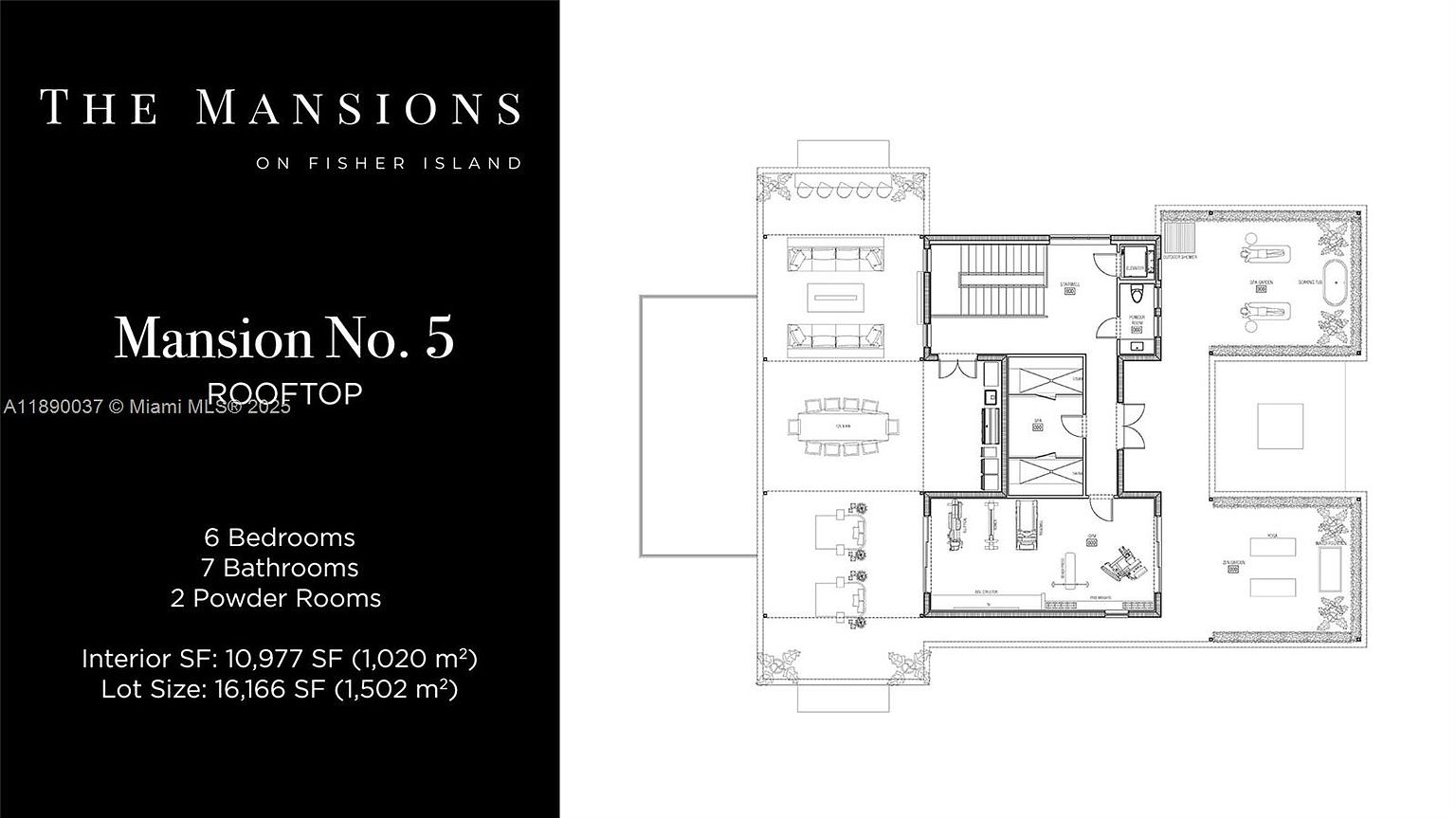This image presents a detailed floor plan of a luxurious mansion, showcasing the layout of the rooftop level. The plan includes multiple living areas, bedrooms, bathrooms, and outdoor spaces such as a spa and yoga area. The design emphasizes spaciousness and luxury, providing a clear overview of the property's layout and amenities.