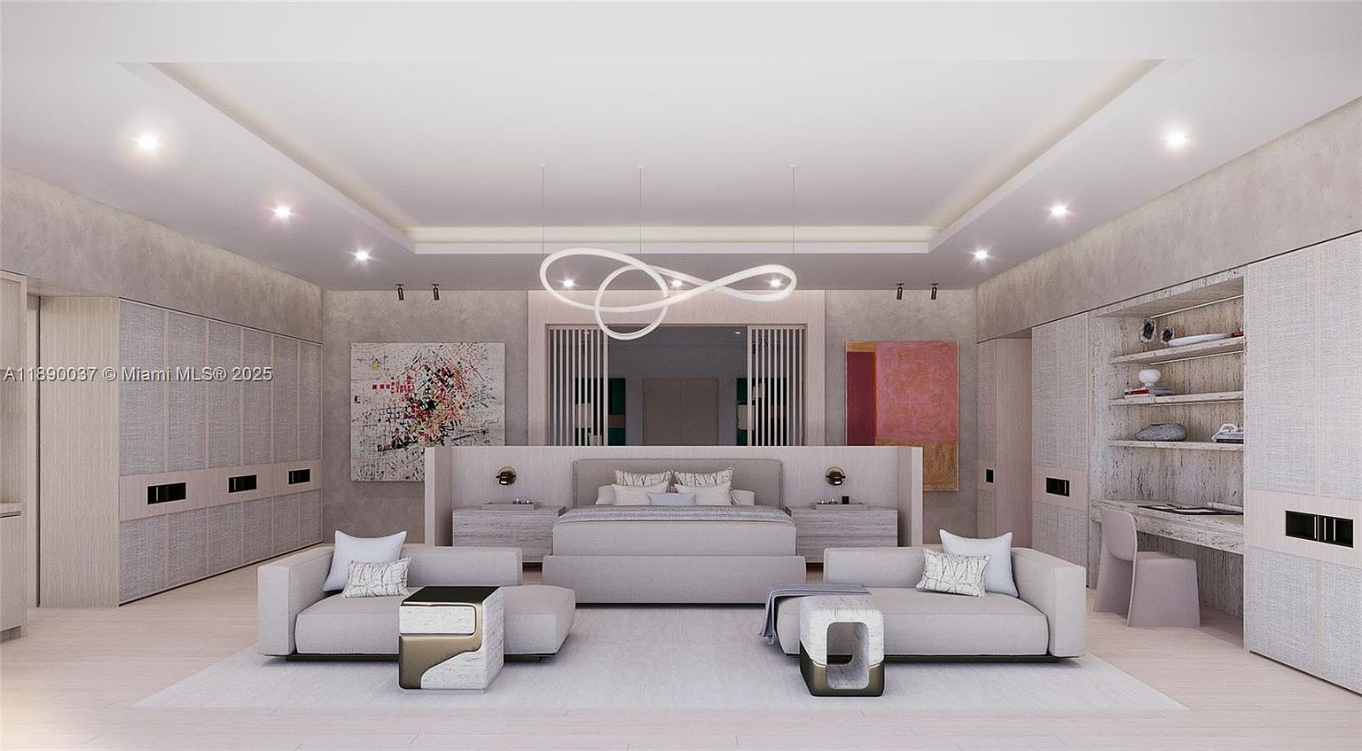 This is a spacious primary bedroom featuring a neutral color palette with light gray walls and white accents. The room includes a large bed with a padded headboard, two sofas, and custom built-in wardrobes and shelving units. A modern chandelier hangs above the bed, and artwork adorns the walls, creating a luxurious and serene atmosphere.