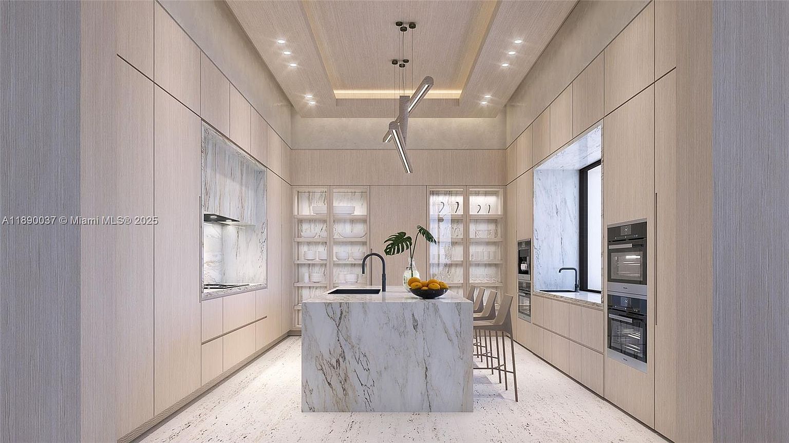 This is a modern kitchen with light wood cabinetry and a marble island. The kitchen features built-in appliances, including ovens, and glass-front cabinets displaying dishware. The overall design is sleek and minimalist, with a focus on clean lines and natural materials.