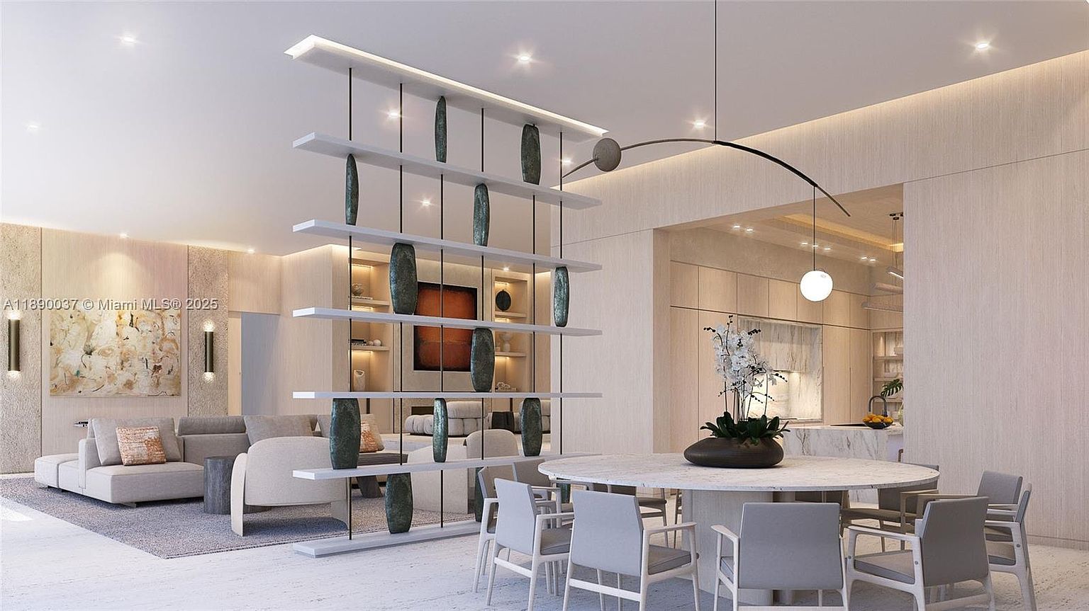 This interior shot showcases a modern dining area with a round marble table surrounded by light gray chairs. A unique shelving unit with decorative vases acts as a partition, separating the dining space from a living area with a comfortable sofa. The room is well-lit, creating a bright and inviting atmosphere, perfect for showcasing the home's contemporary design.