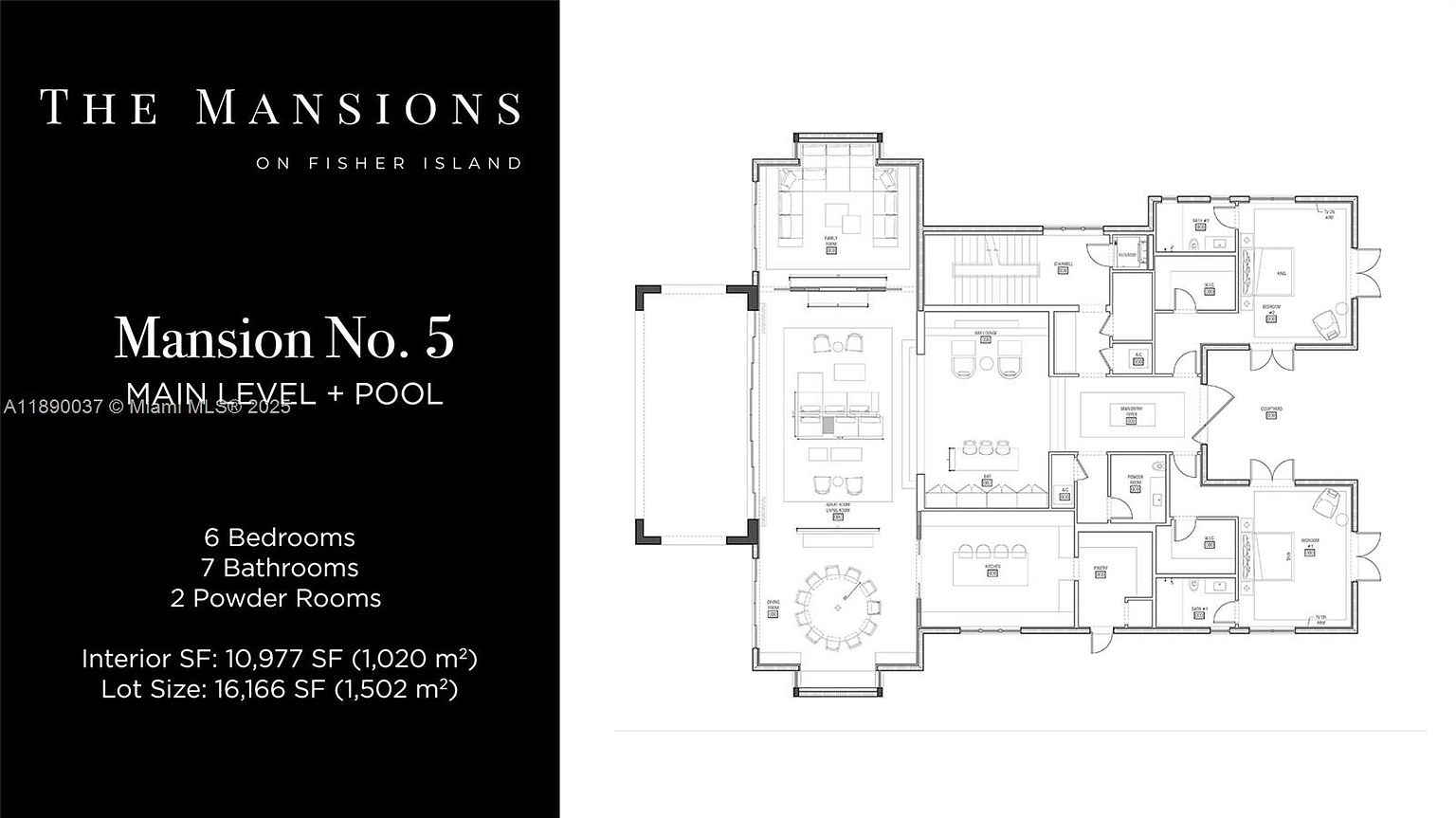 This image showcases a detailed floor plan for Mansion No. 5 on Fisher Island, highlighting the main level and pool area. The plan indicates 6 bedrooms, 7 bathrooms, and 2 powder rooms, with an interior space of 10,977 SF and a lot size of 16,166 SF. The layout provides a comprehensive view of the property's structure and room arrangements.