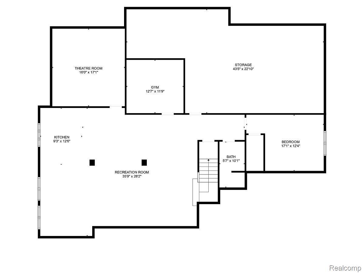 This image showcases a floor plan of a basement, outlining various rooms including a kitchen, theatre room, gym, recreation room, bath, bedroom, and storage area. The layout provides a clear understanding of the basement's spatial arrangement and potential functionality. The floor plan is presented in a simple, easy-to-understand format, ideal for visualizing the basement's layout.