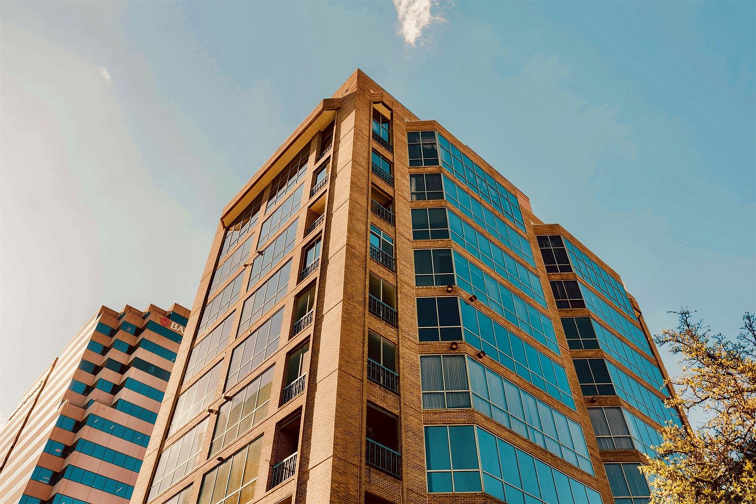 This low-angle, upward-looking shot captures the striking architectural profile of a multi-story commercial building against a clear blue sky. The structure features a blend of warm-toned brick masonry and expansive glass curtain walls, creating a modern and professional aesthetic. A neighboring building with a distinct blue-and-white geometric facade is visible to the left, while a tree with sparse foliage frames the right side of the composition.