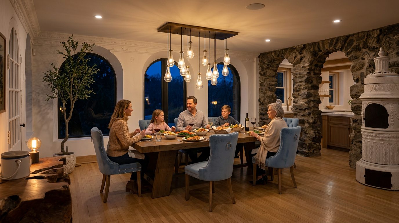 This elegant dining room features a warm, inviting atmosphere with a rustic wooden table surrounded by stylish blue upholstered chairs. A prominent stone archway adds architectural character, leading toward a brightly lit kitchen, while a modern linear chandelier with pendant lights provides a warm focal point above the table. The space combines charming traditional elements, like the arched windows and masonry, with contemporary comfort, perfect for family dining.