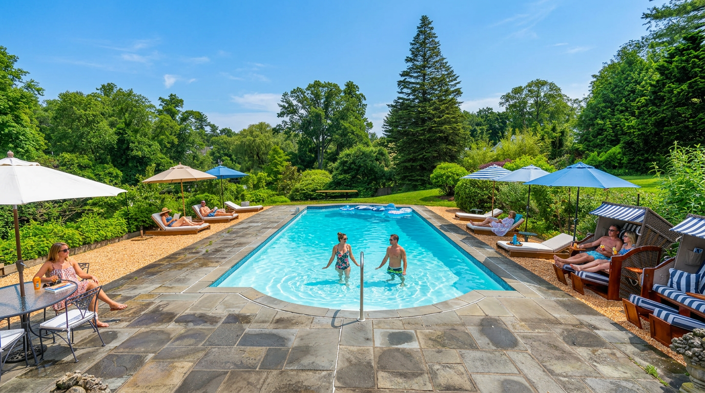 This stunning outdoor space features a pristine rectangular swimming pool set within an expansive stone patio, perfect for entertaining. The area is surrounded by lush landscaping, mature trees, and multiple seating options, including loungers, umbrellas, and chic cabana-style chairs. This resort-like backyard retreat offers a tranquil and inviting atmosphere ideal for leisure and summer recreation.
