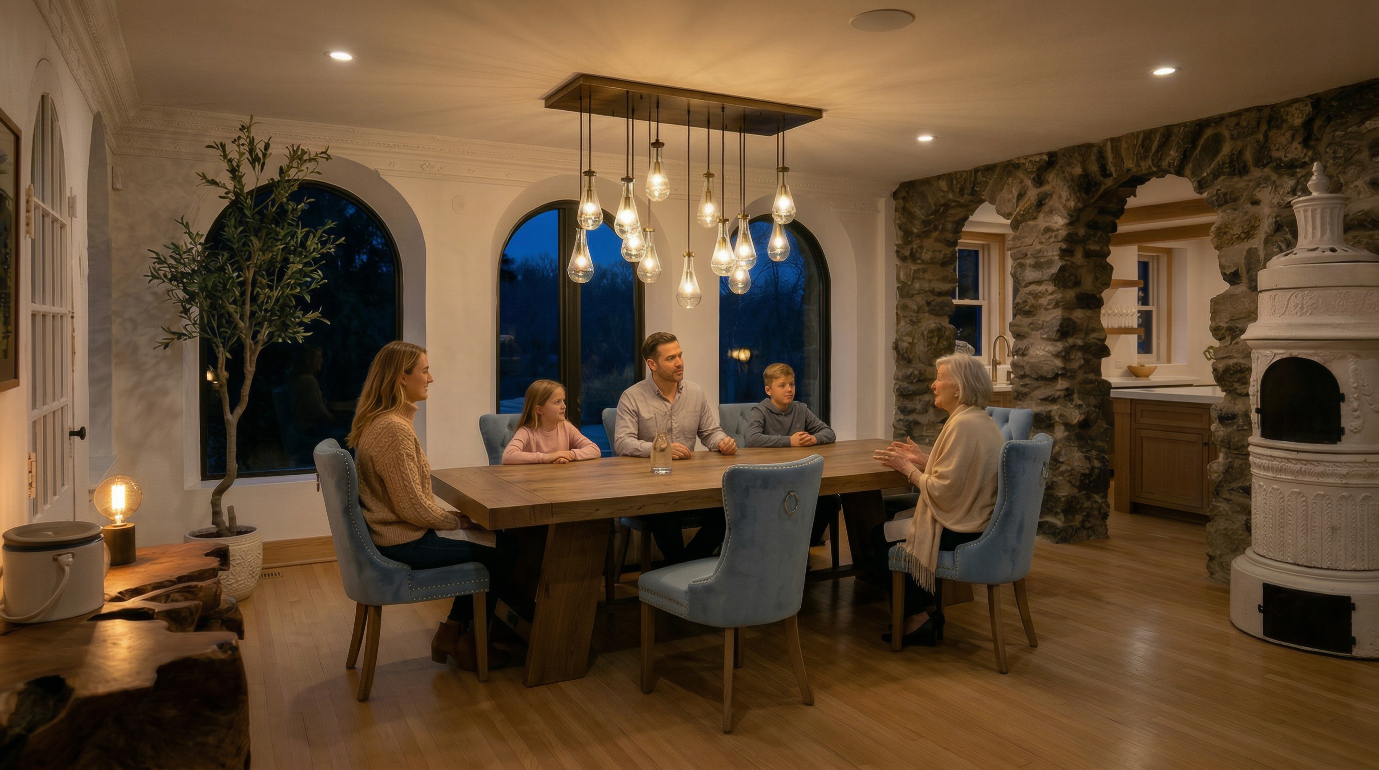 This elegant dining room features a warm, inviting atmosphere anchored by a large wooden table and sophisticated velvet upholstered chairs. The space is illuminated by a striking modern chandelier and framed by distinctive stone-arched doorways that reveal a glimpse of the kitchen. A grand fireplace adds a touch of classic charm, making it a perfect setting for family gatherings.