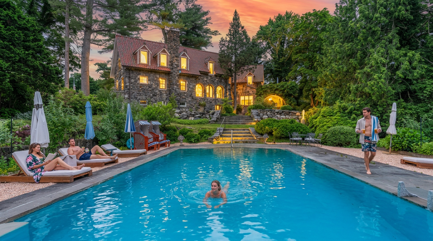This stunning real estate image showcases a luxurious stone-clad country house set against a vibrant sunset sky, overlooking a crystal-clear rectangular swimming pool. The landscaped grounds feature mature trees, stone staircases, and a spacious terrace with lounge chairs, perfect for outdoor relaxation and entertainment. The overall aesthetic is one of refined elegance and leisure, making it an ideal setting for a high-end residential property.