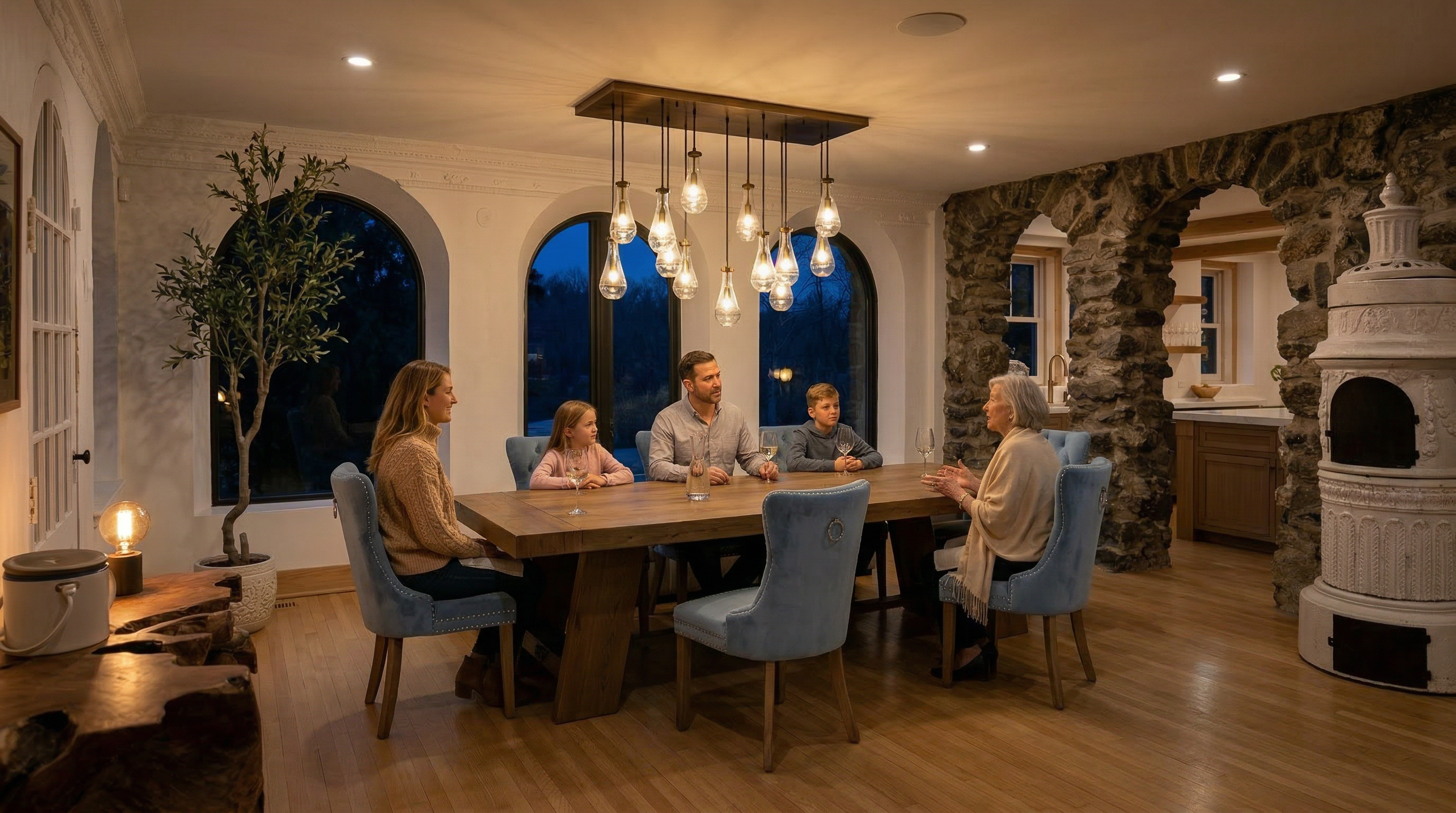 This elegant dining room features a large, rustic wooden table surrounded by stylish blue upholstered chairs, perfect for family gatherings. The space is anchored by a sophisticated, multi-light pendant chandelier and accented by unique architectural elements, including stone-clad archways that lead into the adjacent kitchen. A tall ceramic heater and arched windows overlooking the outdoors complete the refined, warm atmosphere of this well-appointed room.