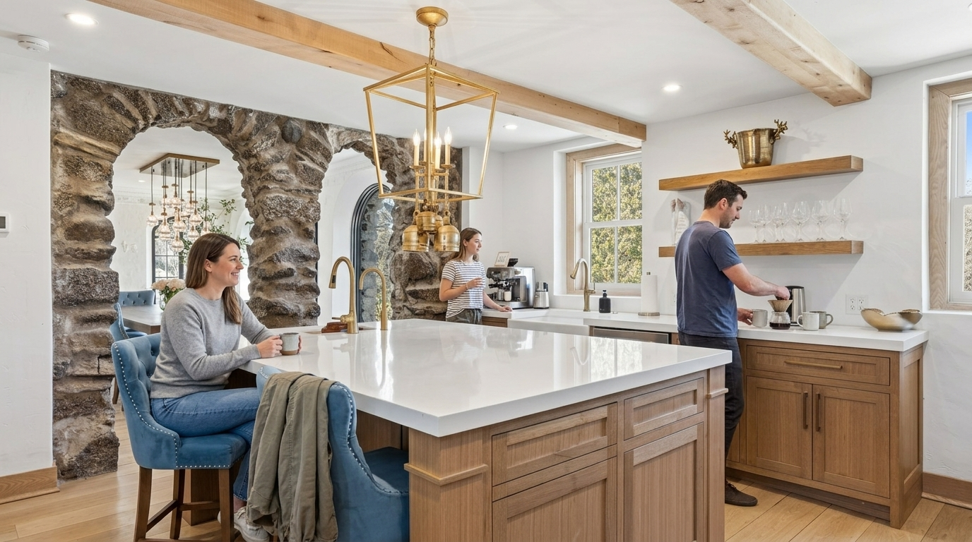 This stunning kitchen blends rustic charm with modern elegance, highlighted by dramatic stone archways and exposed wooden ceiling beams. The spacious central island features a crisp white quartz countertop, complemented by warm wood cabinets and luxury gold-toned fixtures. The open layout creates an inviting atmosphere, perfect for both daily use and entertaining, reflecting a high-end, transitional design aesthetic.