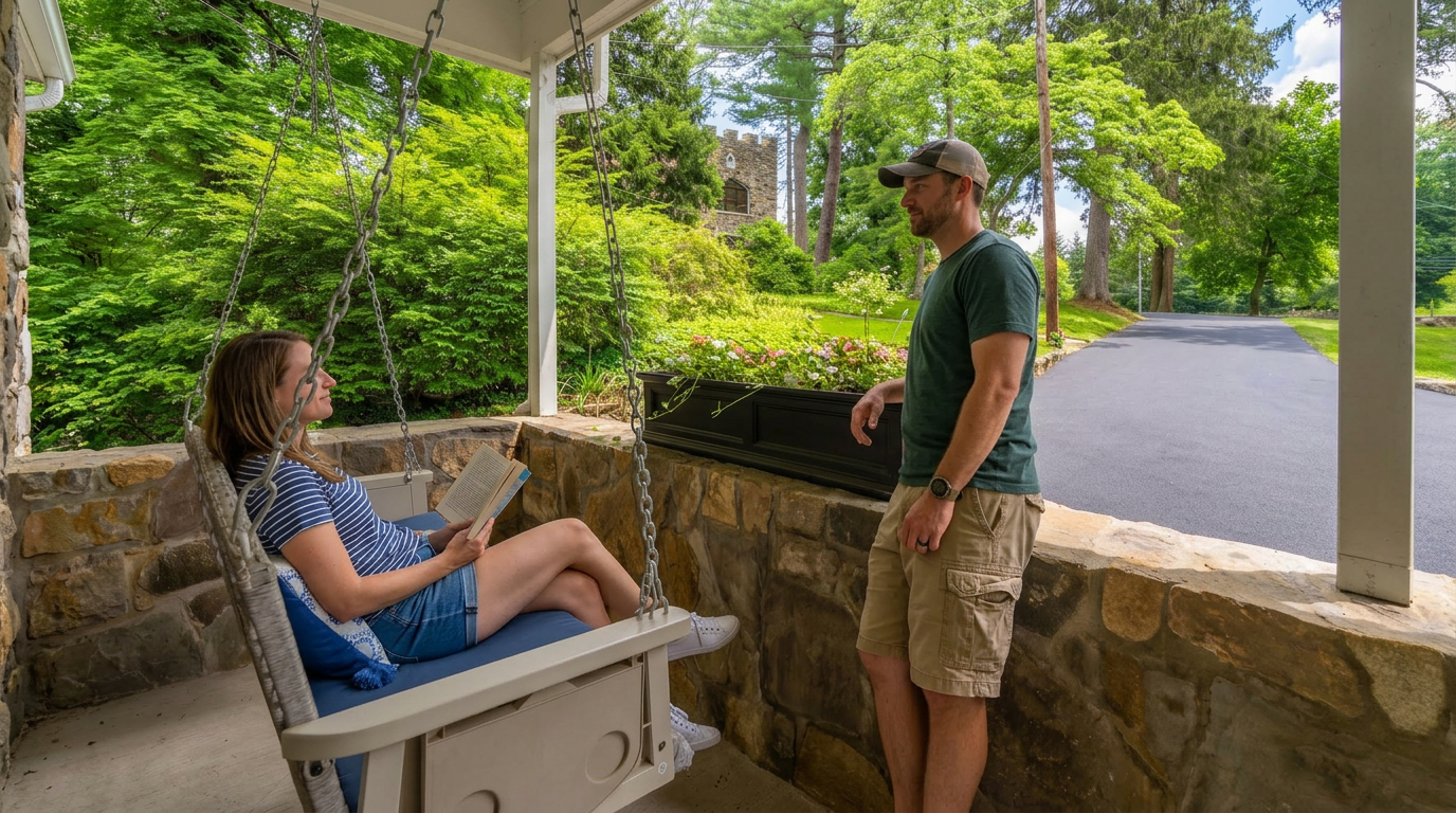 This covered porch features rustic natural stone walls and a comfortable swinging bench, providing a relaxing outdoor living space. The area overlooks a lush, green yard and a tree-lined driveway, creating a serene and private environment perfect for leisure. The integration of stone architecture with the natural surroundings highlights the home's charming curb appeal and outdoor amenities.