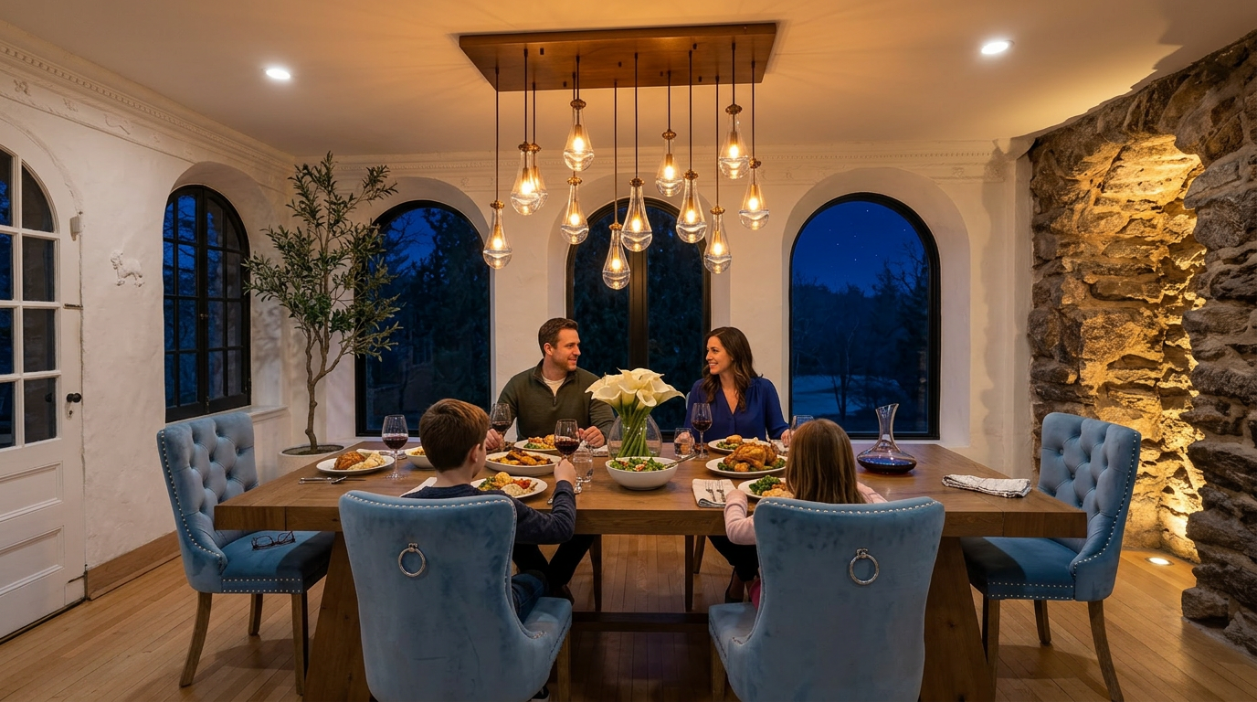 This elegant dining room features a warm, inviting atmosphere with a large wooden table centered under a unique tiered pendant light fixture. The space is detailed with arched windows providing a view of the evening landscape and a rustic stone accent wall adds a touch of architectural character. The room is furnished with plush light-blue velvet tufted chairs, making it an ideal setting for family dining.