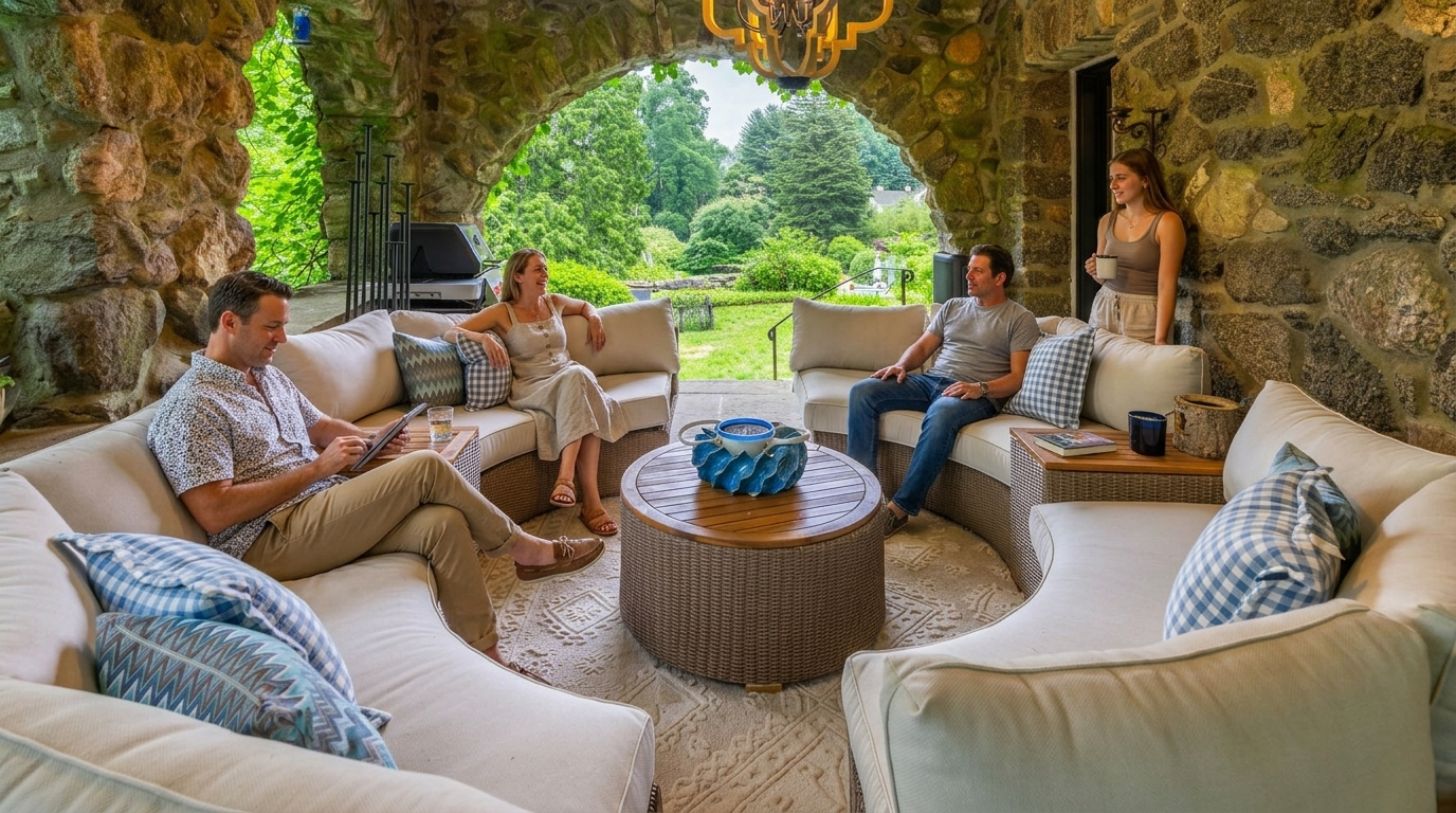 This stunning, semi-enclosed stone patio offers a cozy and rustic outdoor living space perfect for entertaining. It features a curved sectional sofa, a central fire pit table, and an expansive archway that beautifully frames the lush, green garden views beyond. The natural stonework walls and elegant lighting create a sophisticated yet inviting atmosphere.
