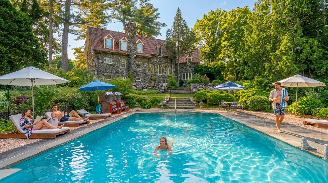 This stunning outdoor space features a generous rectangular swimming pool as the centerpiece, complemented by a stone deck area surrounded by lush greenery and mature trees. In the background, a majestic, historic-style stone manor with a tiled roof adds significant character and elegance to the setting. The scene is complete with multiple lounge chairs, umbrellas, and stone steps leading toward the home, making it an ideal luxury residential retreat.