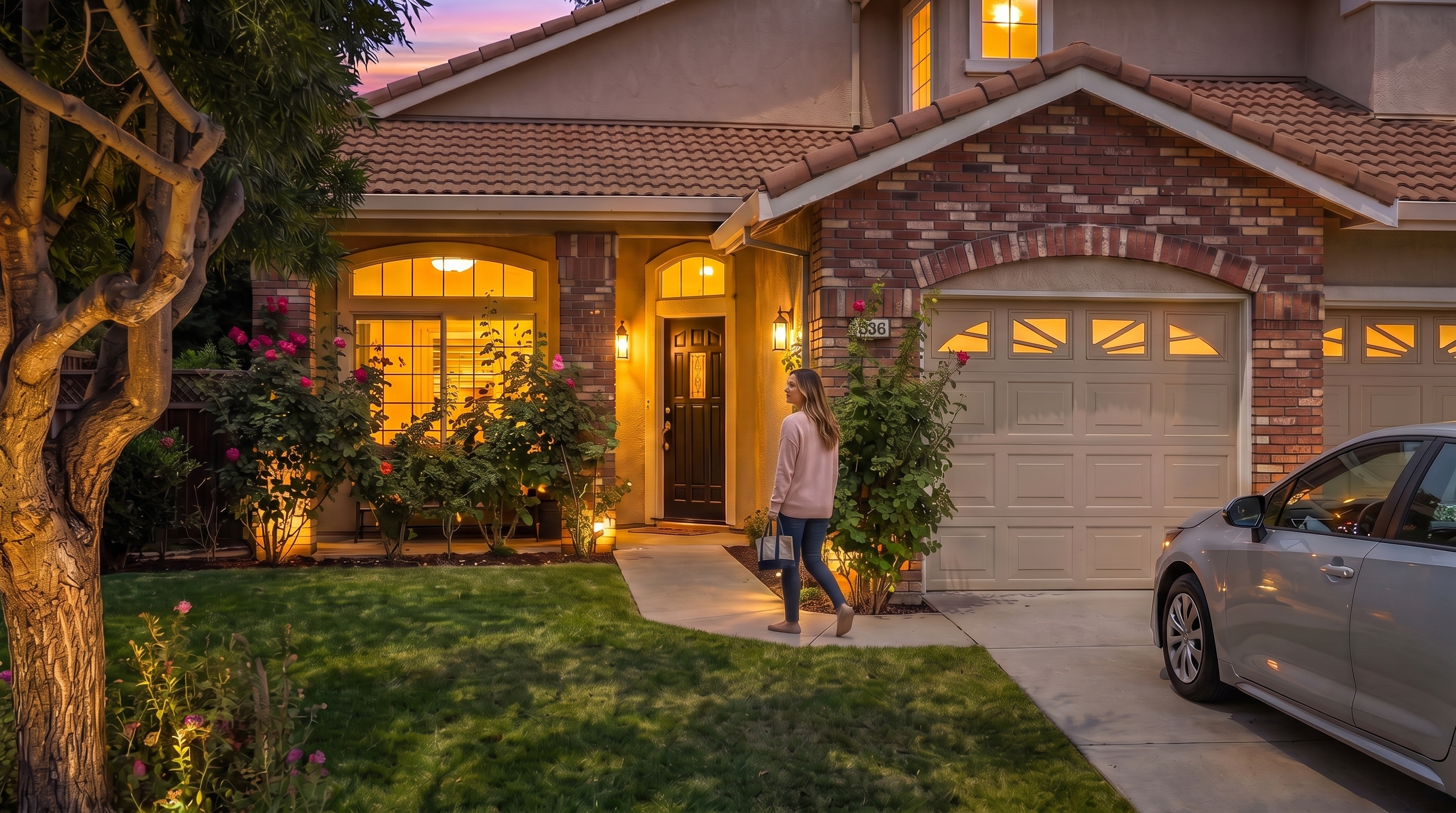 This two-story suburban home features a tan stucco facade with a prominent brick-accented entryway and a multi-car garage. The front yard is well-manicured with a lush green lawn, a mature tree, and vibrant rose bushes lining the walkway. The perspective is a wide-angle, eye-level shot that captures the entire front elevation under a clear blue sky, emphasizing the home's curb appeal.