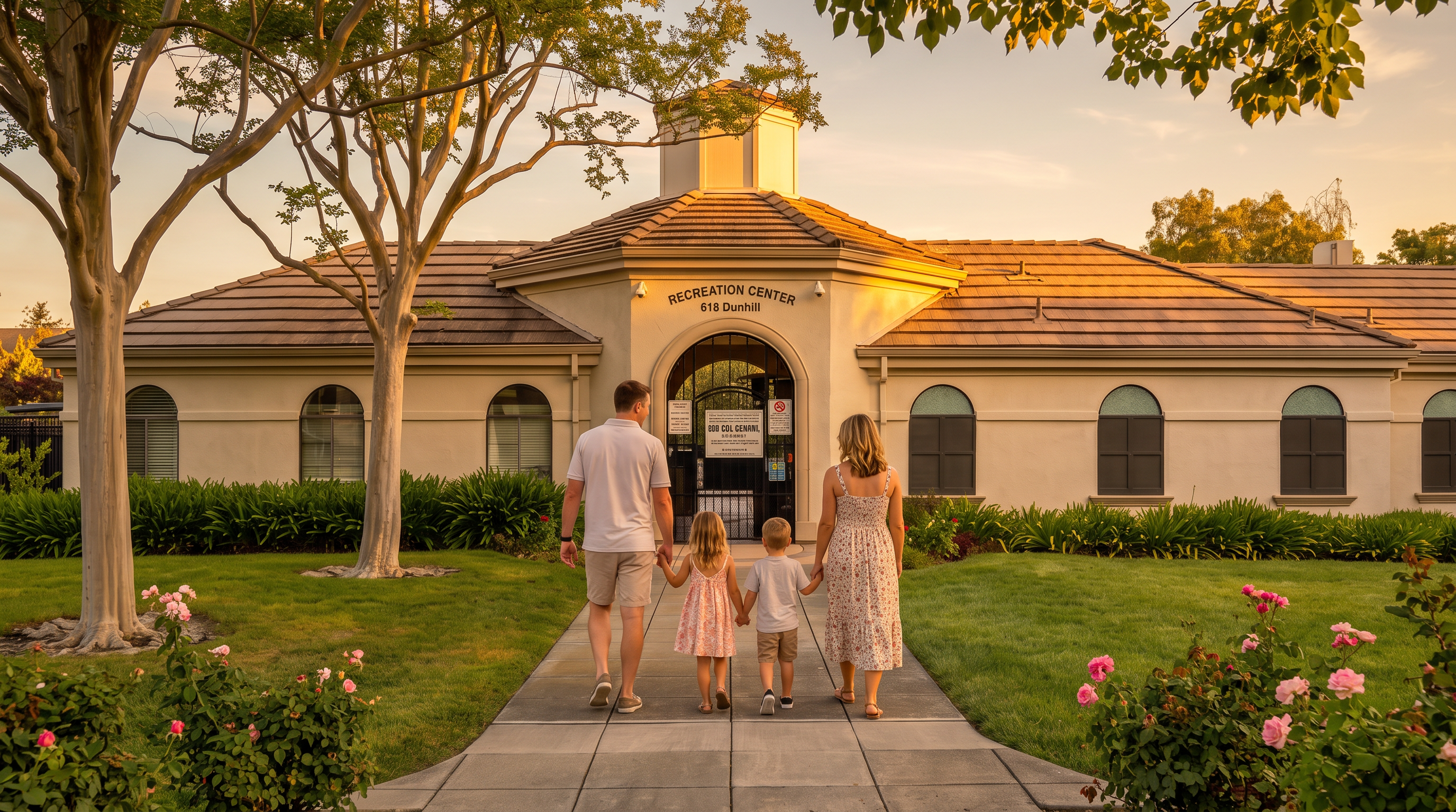 This image captures the front exterior of a community recreation center, featuring a symmetrical, single-story building with a central arched entryway. The structure is surrounded by a well-manicured lawn, mature trees, and low-lying shrubbery, creating a welcoming and peaceful atmosphere. A straight concrete walkway leads directly to the entrance, emphasizing the building's clean, traditional architectural lines under a clear blue sky.