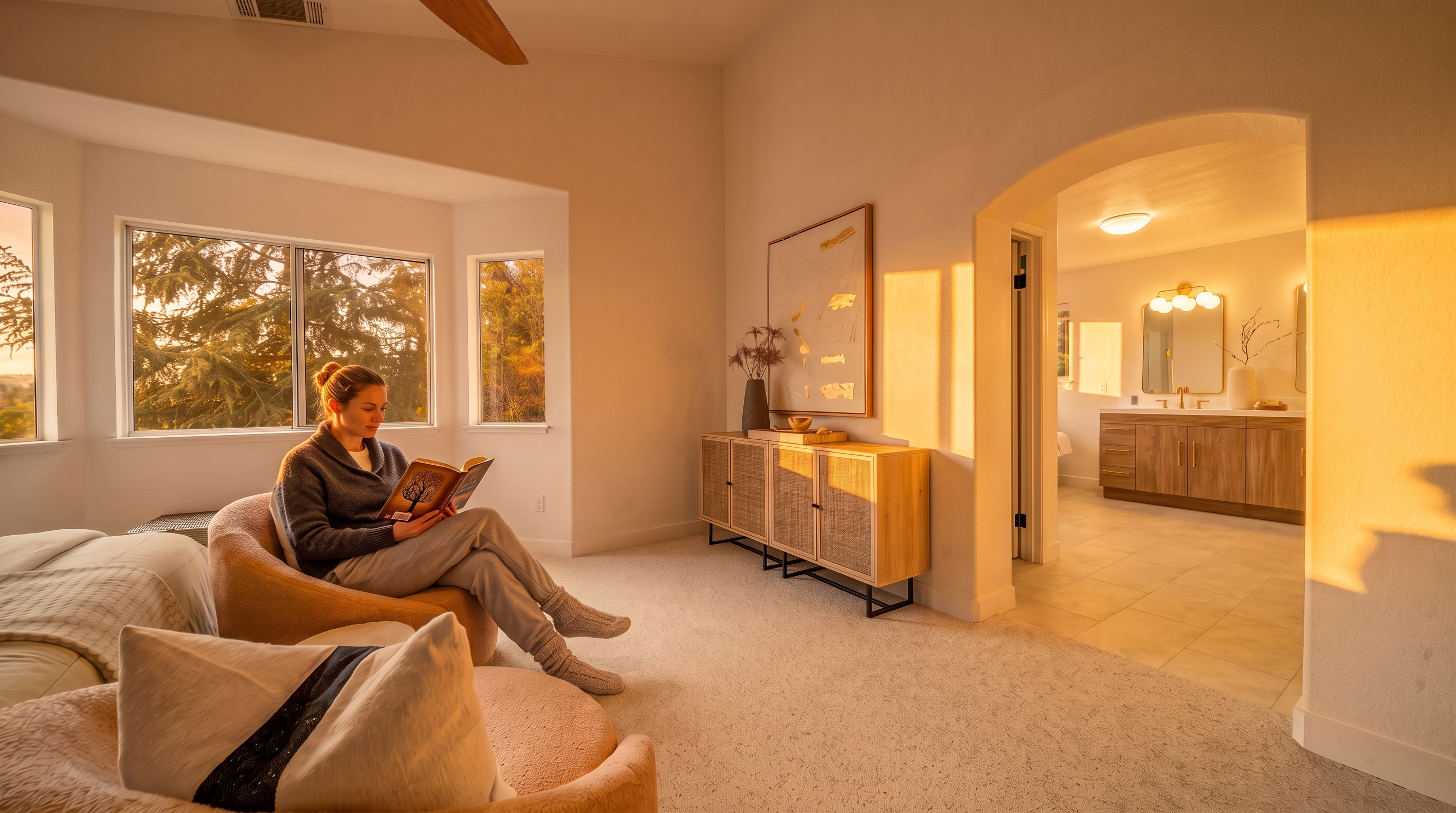 This bright and airy primary bedroom features a cozy seating area with two rounded, textured armchairs positioned near a bay window that offers a view of the surrounding trees. A light wood console table with a woven cabinet front sits against the wall, topped with a framed piece of art and a decorative vase. An arched doorway leads into an adjoining bathroom, creating a seamless flow between the living and private spaces.