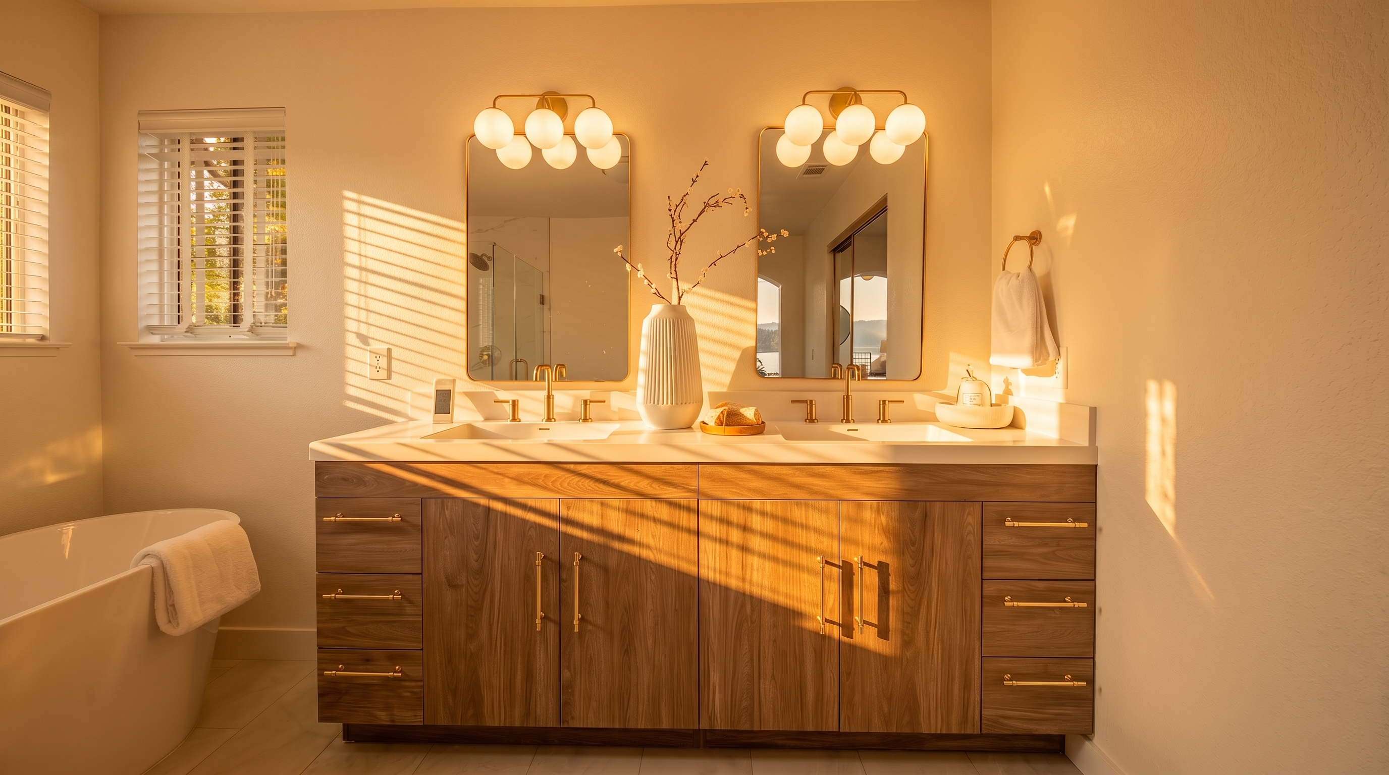 This primary bathroom features a double vanity with a wood-toned cabinet, gold-toned hardware, and a white countertop. Two rectangular mirrors are mounted above the vanity, flanked by modern globe-style light fixtures, while a freestanding soaking tub sits to the left. The space is bright and clean, with neutral tile flooring and white walls, creating a contemporary and inviting atmosphere.