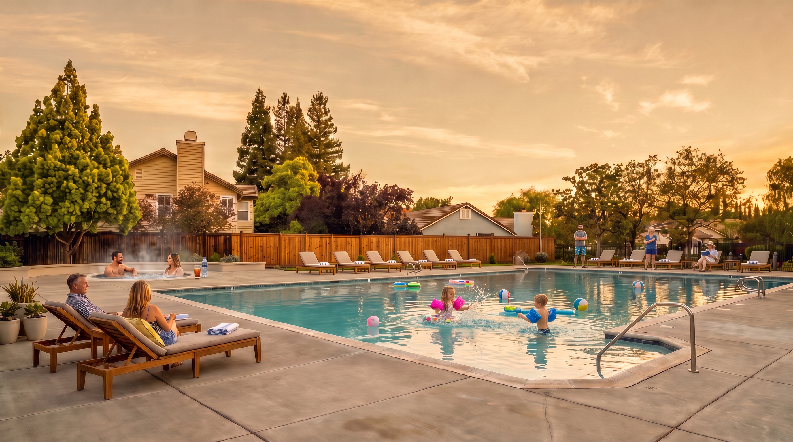 This image features a beautifully maintained community swimming pool area during a golden-hour sunset, providing a relaxing and social atmosphere. The scene includes a spacious concrete pool deck with lounge chairs, mature trees, and a wooden privacy fence, highlighting desirable outdoor living and recreational amenities for potential residents.