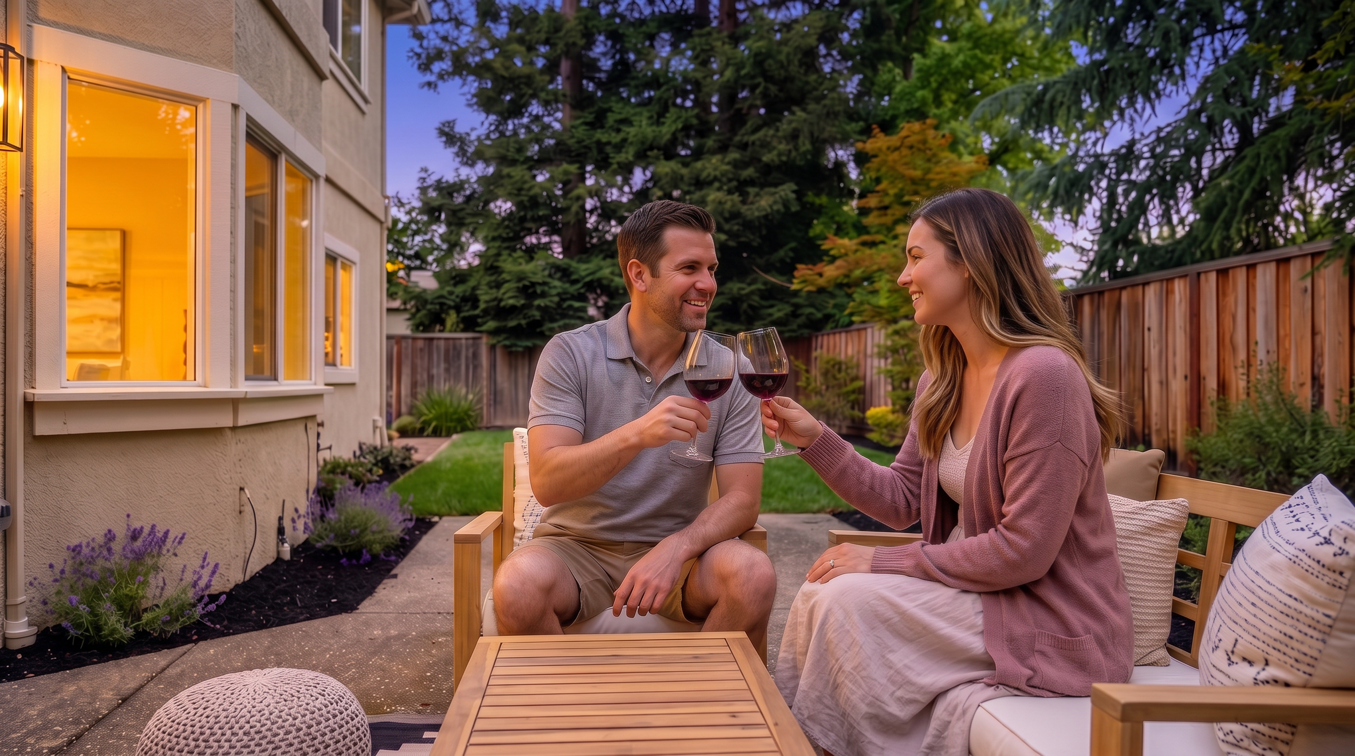 This backyard features a spacious concrete patio furnished with a light wood seating set and two round ottomans atop a patterned outdoor rug. The area is bordered by dark mulch beds with various shrubs and plants, leading to a small patch of green lawn and a tall wooden privacy fence. The perspective captures the transition from the home's exterior wall and sliding glass doors to the inviting outdoor living space.