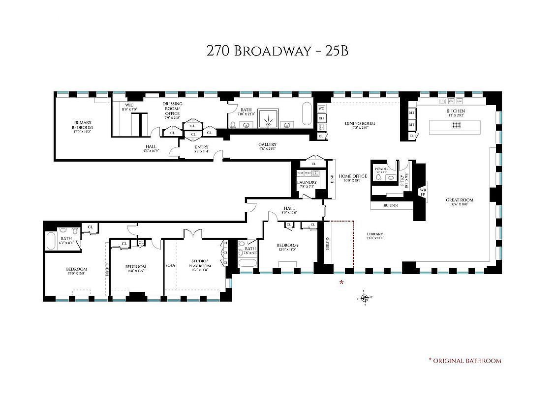 This image presents a detailed floor plan of a residence, labeled "270 Broadway - 25B." The layout includes multiple bedrooms, bathrooms, a primary bedroom with a walk-in closet, a dressing room/office, a kitchen, a dining room, a great room, a library, a home office, and a laundry room. The plan provides dimensions for each room, offering a comprehensive overview of the property's spatial arrangement.