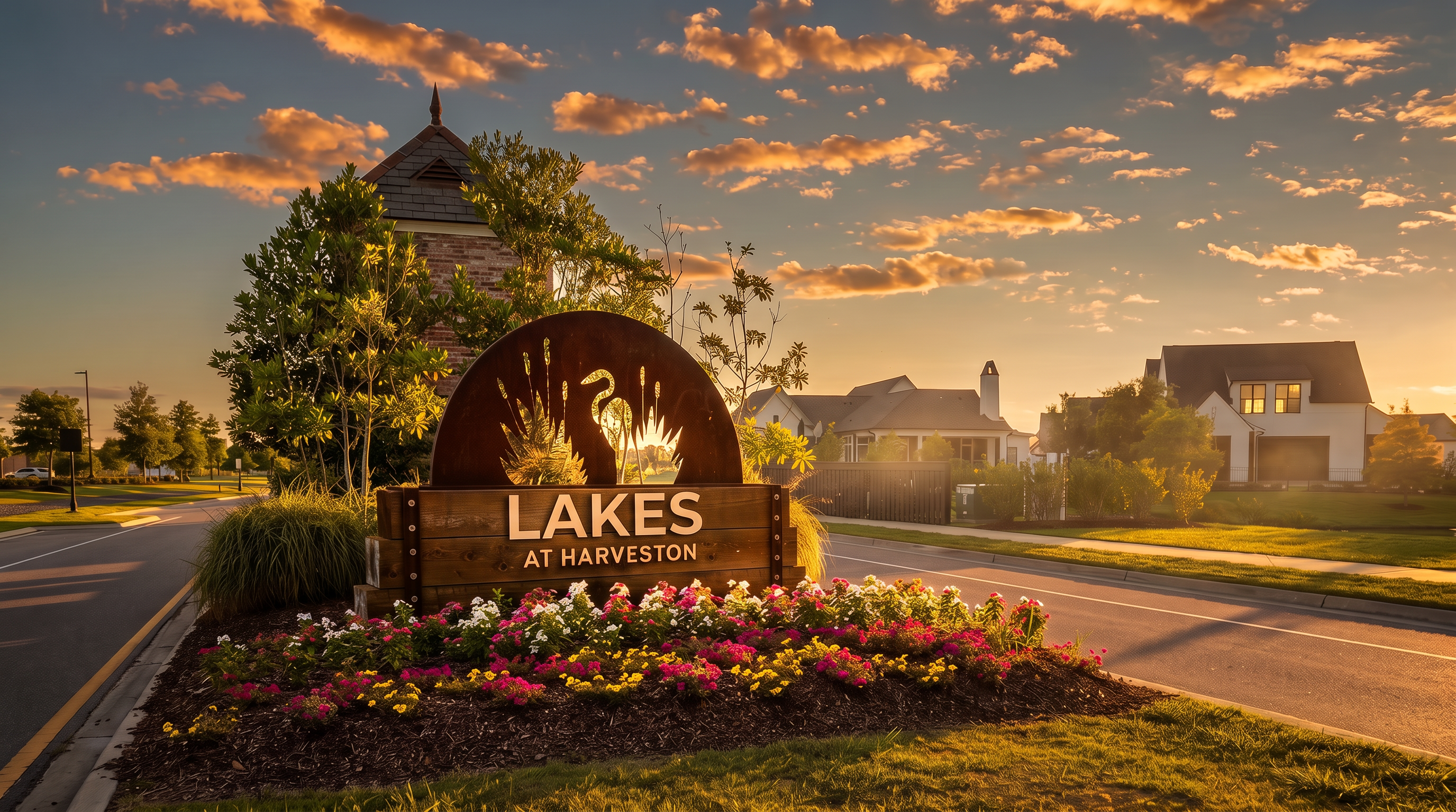 This image showcases the community entrance sign for 'The Lakes at Harveston.' It features a prominent, rust-toned metal sign set against a landscaped garden with vibrant pink, white, and yellow flowers. The surrounding area is clean and well-maintained, with modern residential homes visible in the background under a sunny, blue sky with fluffy white clouds.