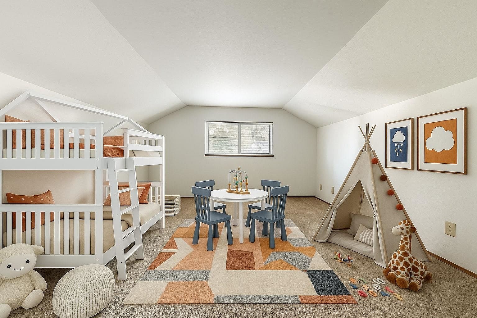 This is a charming children's bedroom featuring a white bunk bed with orange pillows, a round white table with four blue chairs, and a teepee with a giraffe plush toy. A colorful geometric rug adds a playful touch to the room, and framed artwork adorns the wall. The room is well-lit and appears spacious, making it ideal for a growing family.