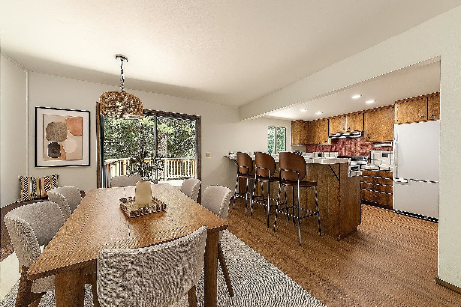This interior shot showcases a dining room that seamlessly transitions into a kitchen area. The dining room features a wooden table with upholstered chairs, a modern light fixture, and a framed art piece, while the kitchen boasts wooden cabinetry, a breakfast bar with stools, and modern appliances. The open layout and warm color palette create an inviting and functional living space.