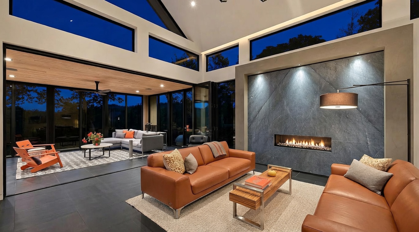 This modern, open-concept living space features dramatic floor-to-ceiling retractable glass walls that seamlessly blur the line between the indoor and outdoor patio lounge area. The room is anchored by a striking, slate-toned fireplace feature wall and warm leather furnishings, creating a sophisticated and luxurious atmosphere. High cathedral ceilings with clerestory windows flood the room with natural light, emphasizing the spaciousness and impeccable architectural design.