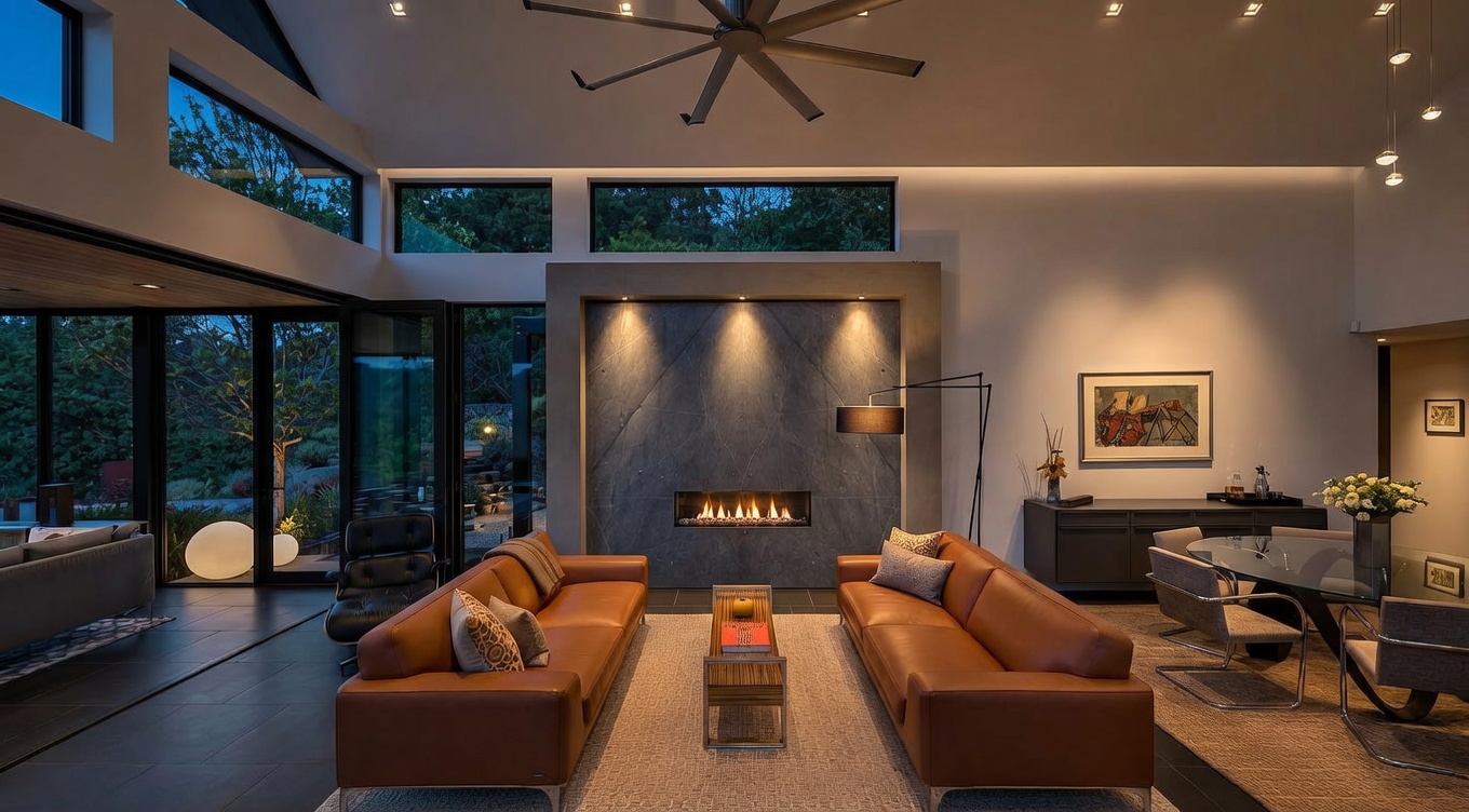 This modern open-concept living room features a striking stone fireplace accent wall, high vaulted ceilings, and expansive floor-to-ceiling glass doors that seamlessly blend indoor and outdoor living areas. The space is anchored by dual leather sofas and contemporary designer furniture, complemented by sophisticated recessed lighting and an elegant dining area. It offers a luxurious yet inviting atmosphere, perfect for both relaxation and entertaining, with views of the lush exterior landscape.