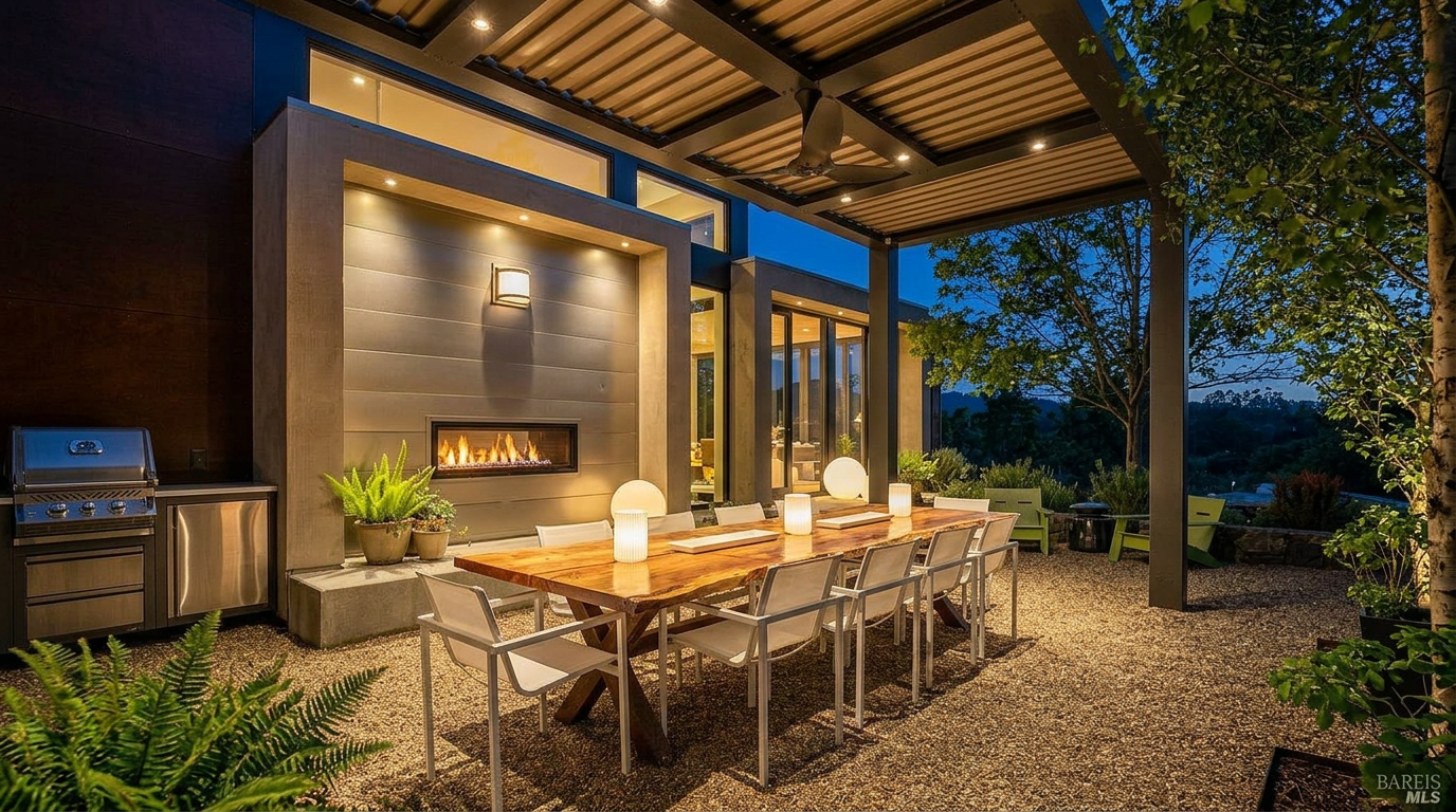 This modern outdoor living space features a covered patio with a built-in outdoor fireplace and a large wooden dining set, perfect for al fresco entertaining. The area is illuminated by elegant accent lighting and a ceiling fan, nestled against a gravel patio with landscaped surroundings and views of the property. The design aesthetic is clean, contemporary, and luxurious, emphasizing comfort and seamless indoor-outdoor transition.