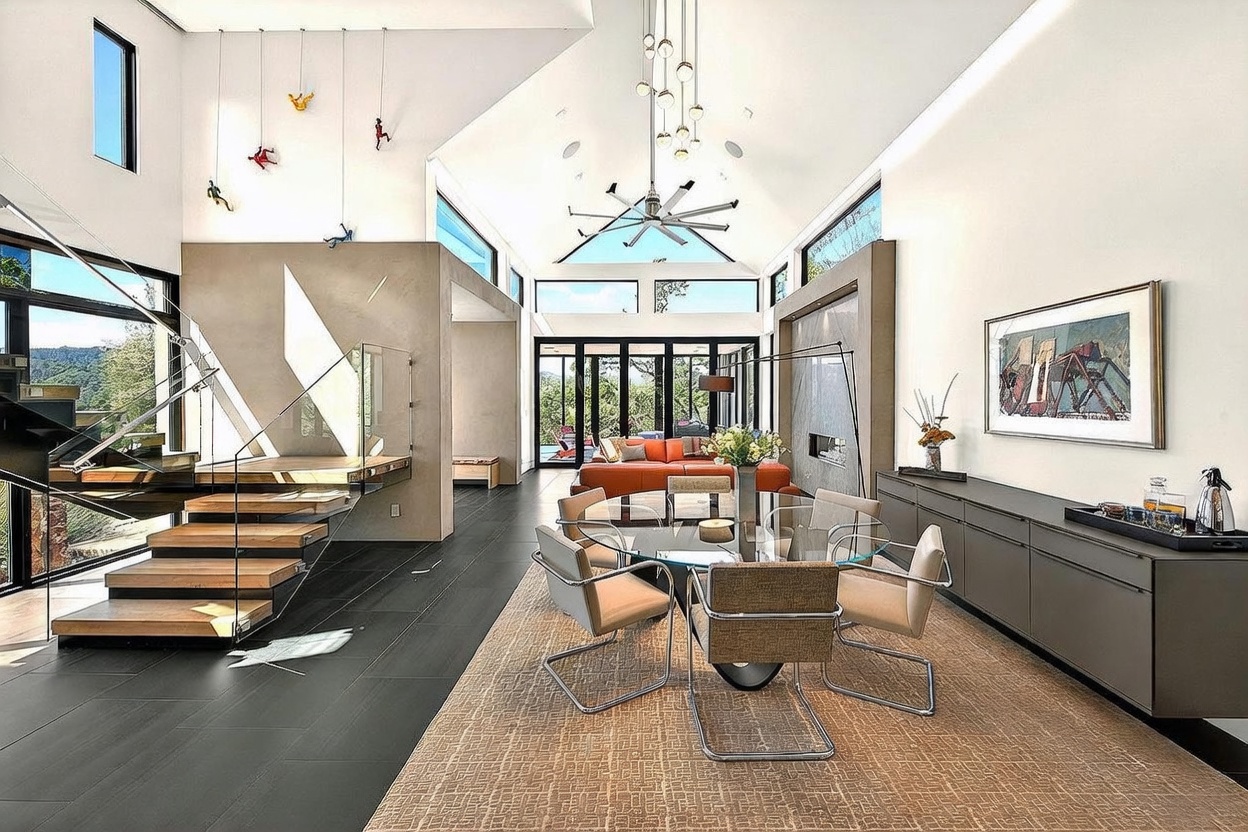 This expansive, modern open-concept living and dining area features soaring vaulted ceilings, dark tile flooring, and a striking floating staircase with glass railings. The space is anchored by a contemporary glass dining table and a vibrant orange sofa, all illuminated by a unique multi-pendant chandelier and natural light from floor-to-ceiling windows. Artistic climbing figures on the wall add a playful, high-end design element to this sophisticated, airy residence.
