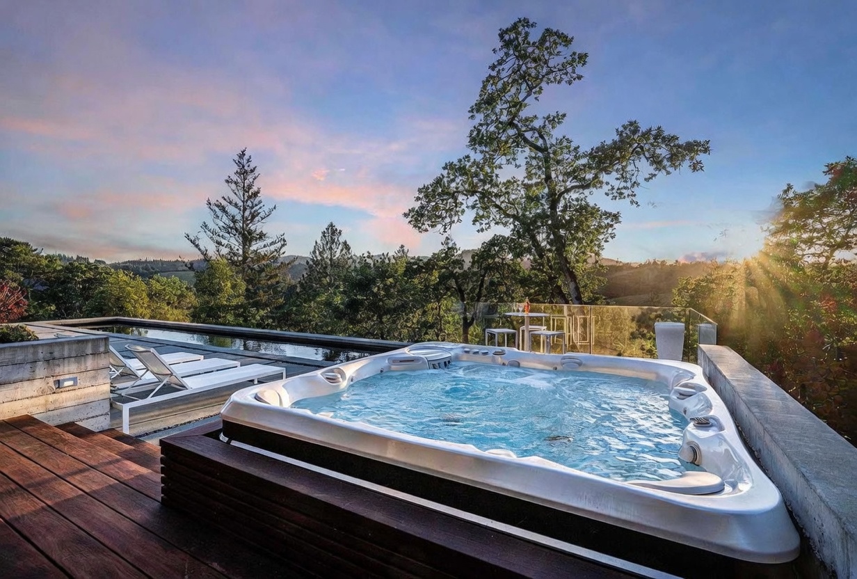 This stunning outdoor space features a luxurious hot tub set into a rich wooden deck, positioned perfectly to overlook a serene, sun-drenched landscape. Adjacent to the spa is a sleek infinity-edge pool, with a glass railing providing an unobstructed view of the rolling hills and sunset sky. The scene captures a high-end, tranquil atmosphere, ideal for relaxation and taking in the picturesque natural surroundings.