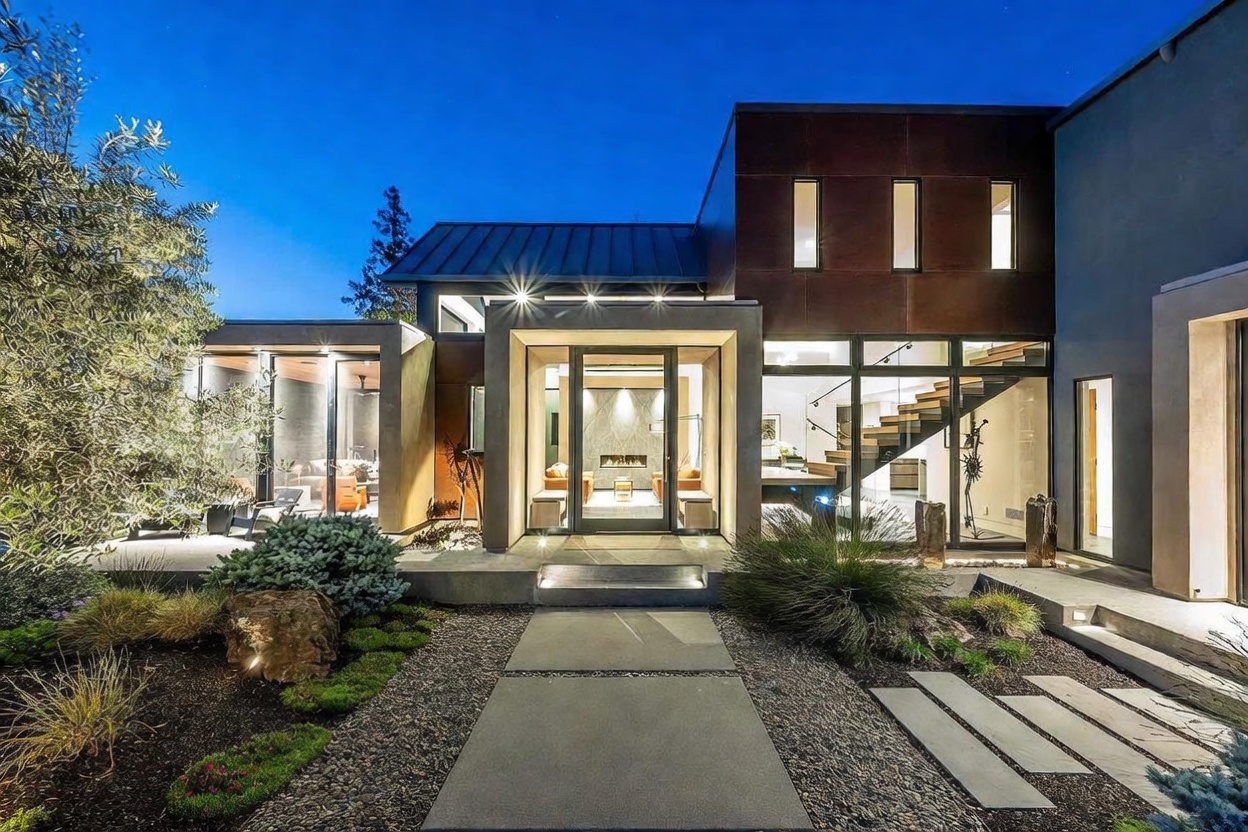 This striking modern residence features a sophisticated blend of dark metal paneling, expansive glass walls, and clean concrete lines, captured at dusk to highlight its warm interior lighting. The symmetrical entryway, framed by a concrete portico, leads to a central glass door, while a floating staircase is visible through the large windows to the right. The meticulously landscaped front yard includes a concrete walkway, decorative gravel, and lush greenery, creating a high-end, contemporary architectural aesthetic.
