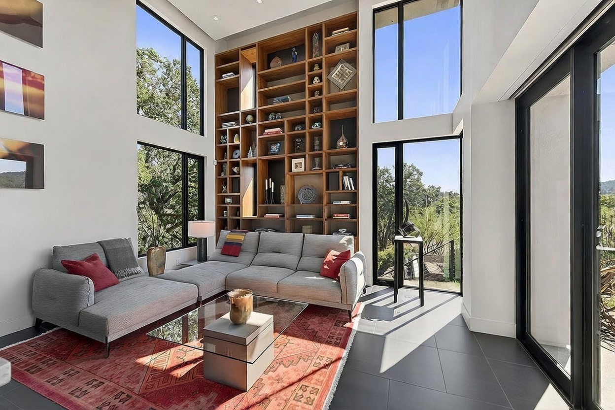 This sophisticated, double-height living room features a striking floor-to-ceiling wooden bookshelf that serves as a dramatic focal point. The space is furnished with a large, comfortable grey sectional sofa, a glass-topped coffee table, and a vibrant patterned area rug, all bathed in natural light from expansive windows that offer scenic outdoor views. The modern, airy design creates an inviting and luxurious atmosphere, perfect for relaxation or entertaining.