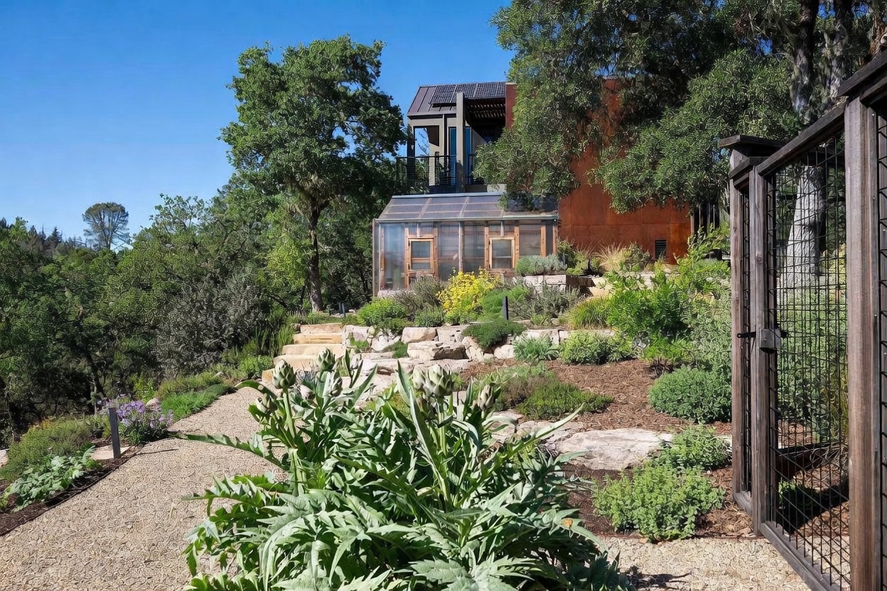This image captures a beautifully landscaped terraced garden leading up to a modern, multi-level home with a distinctive greenhouse structure. The scene features a gravel path, stone retaining walls, and lush greenery, including prominent artichoke plants in the foreground, all set against a clear blue sky. The architectural style is contemporary and industrial, blending seamlessly with the natural, wooded hillside environment.