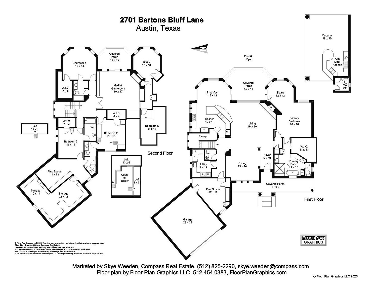 This image presents a detailed floor plan of a residence, showcasing the layout of both the first and second floors. The plan includes labeled rooms such as bedrooms, living areas, kitchen, dining, and outdoor spaces like a pool and cabana, providing a comprehensive overview of the property's structure and spatial arrangement. The floor plan is designed to give potential buyers a clear understanding of the home's layout and dimensions.