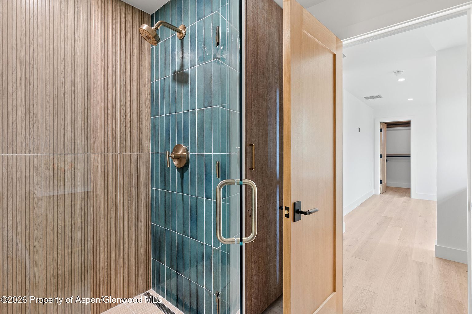 This modern bathroom features a walk-in shower with striking blue vertical tiles and a warm-toned wood-paneled accent wall. A glass door with a metallic handle provides entry, while the adjacent light wood door opens into a bright hallway with light-colored flooring. The space combines contemporary textures and clean lines to create a sophisticated and inviting atmosphere.