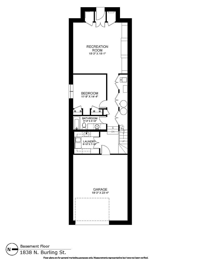This is a detailed floor plan for the basement level of a residential property, showcasing a functional layout that includes a spacious recreation room, a bedroom, a bathroom, and a laundry room. The plan also features an integrated garage with ample space, providing a clear overview of the floor's flow and utility. The top-down perspective offers a precise architectural representation, ideal for potential buyers to understand the spatial arrangement of the lower level.